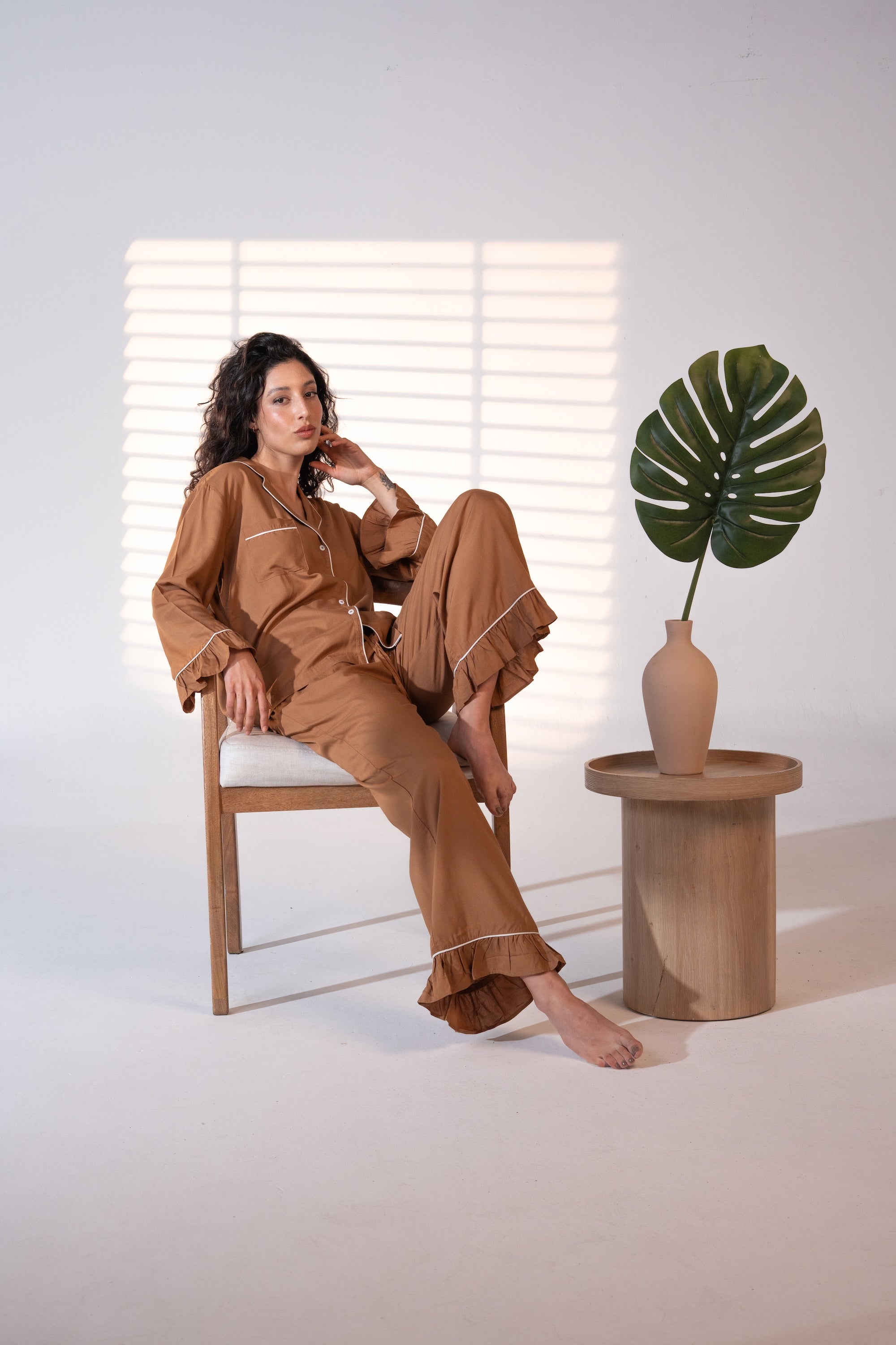 Luxury Bamboo Pajama Set Women | Brown & White