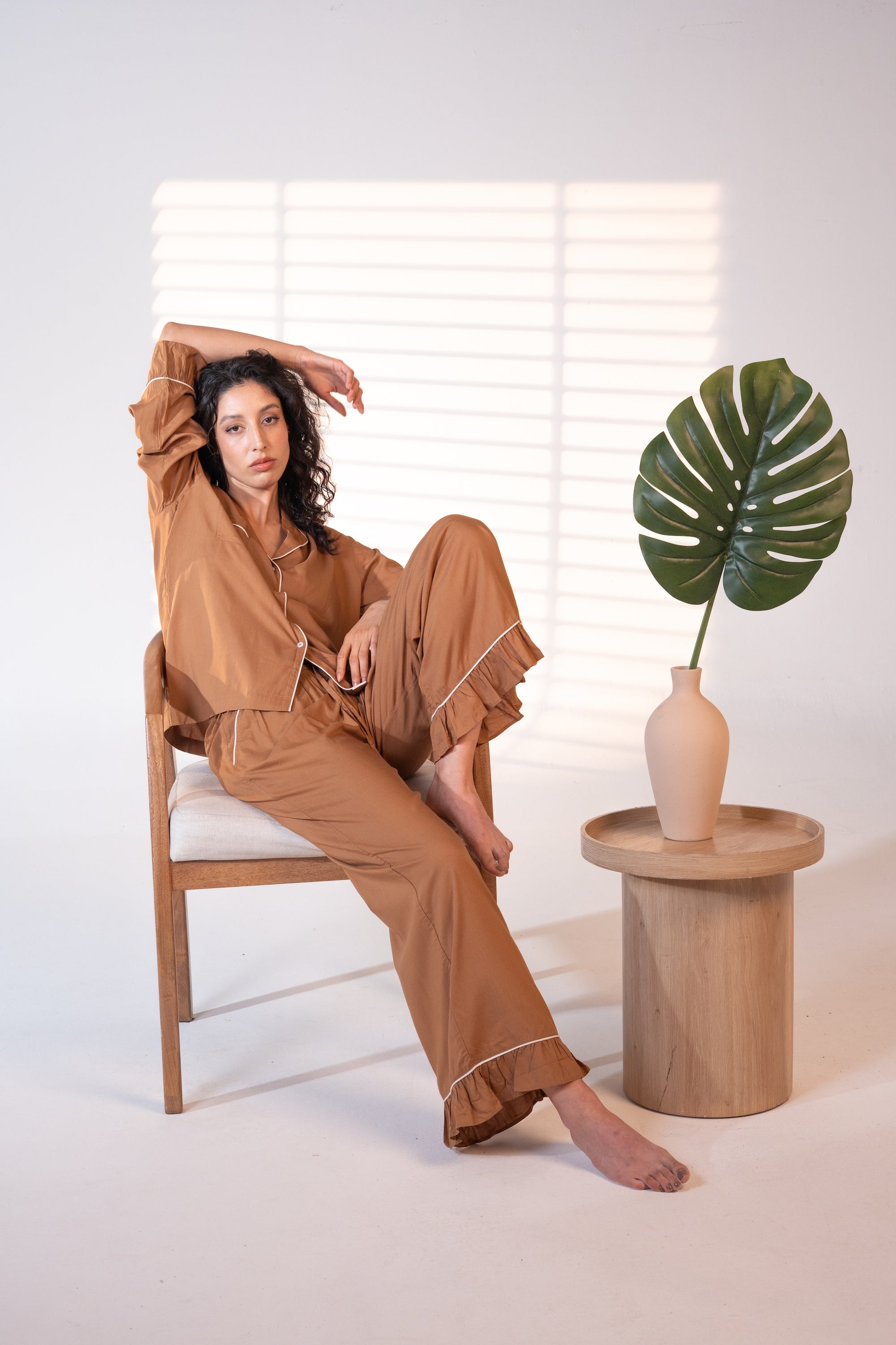 Luxury Bamboo Pajama Set Women | Brown & White