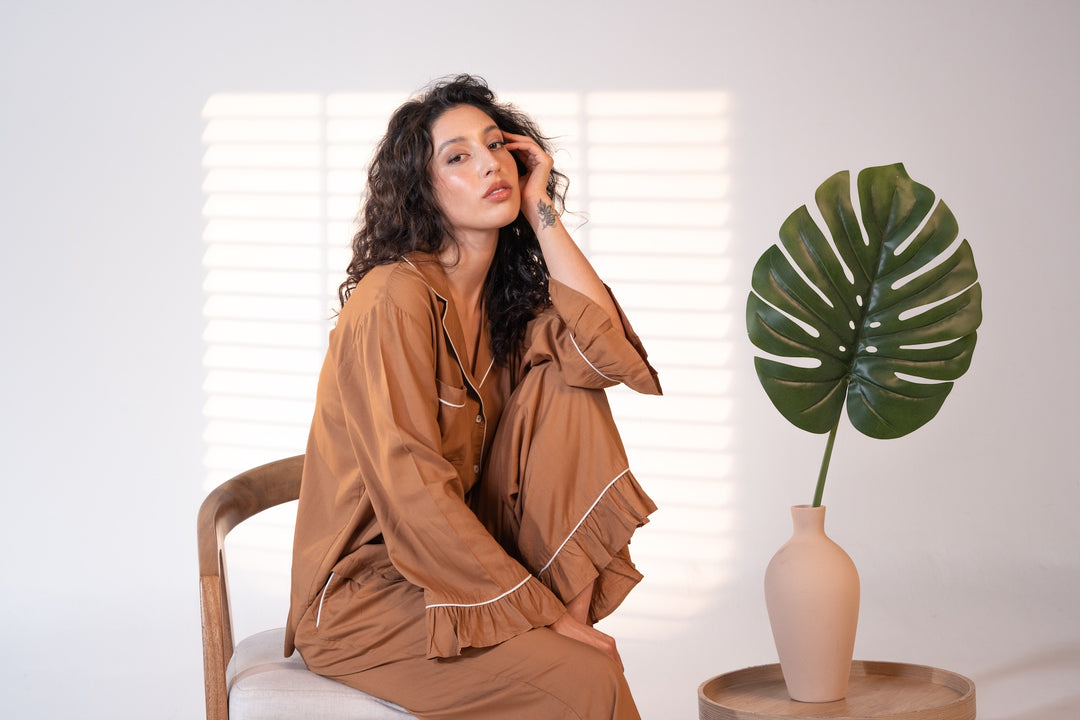 Luxury Bamboo Pajama Set Women | Brown & White