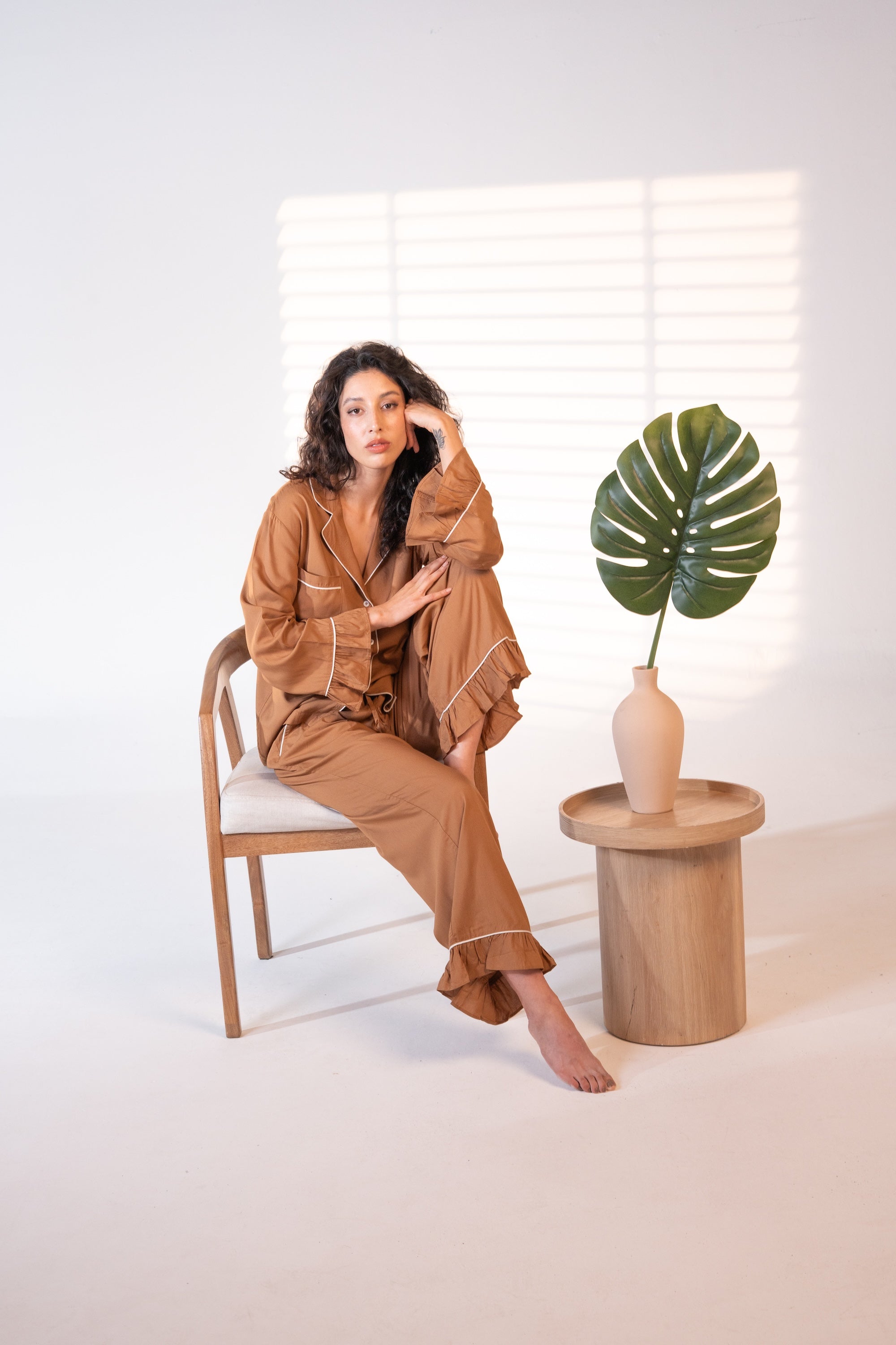 Luxury Bamboo Pajama Set Women | Brown & White