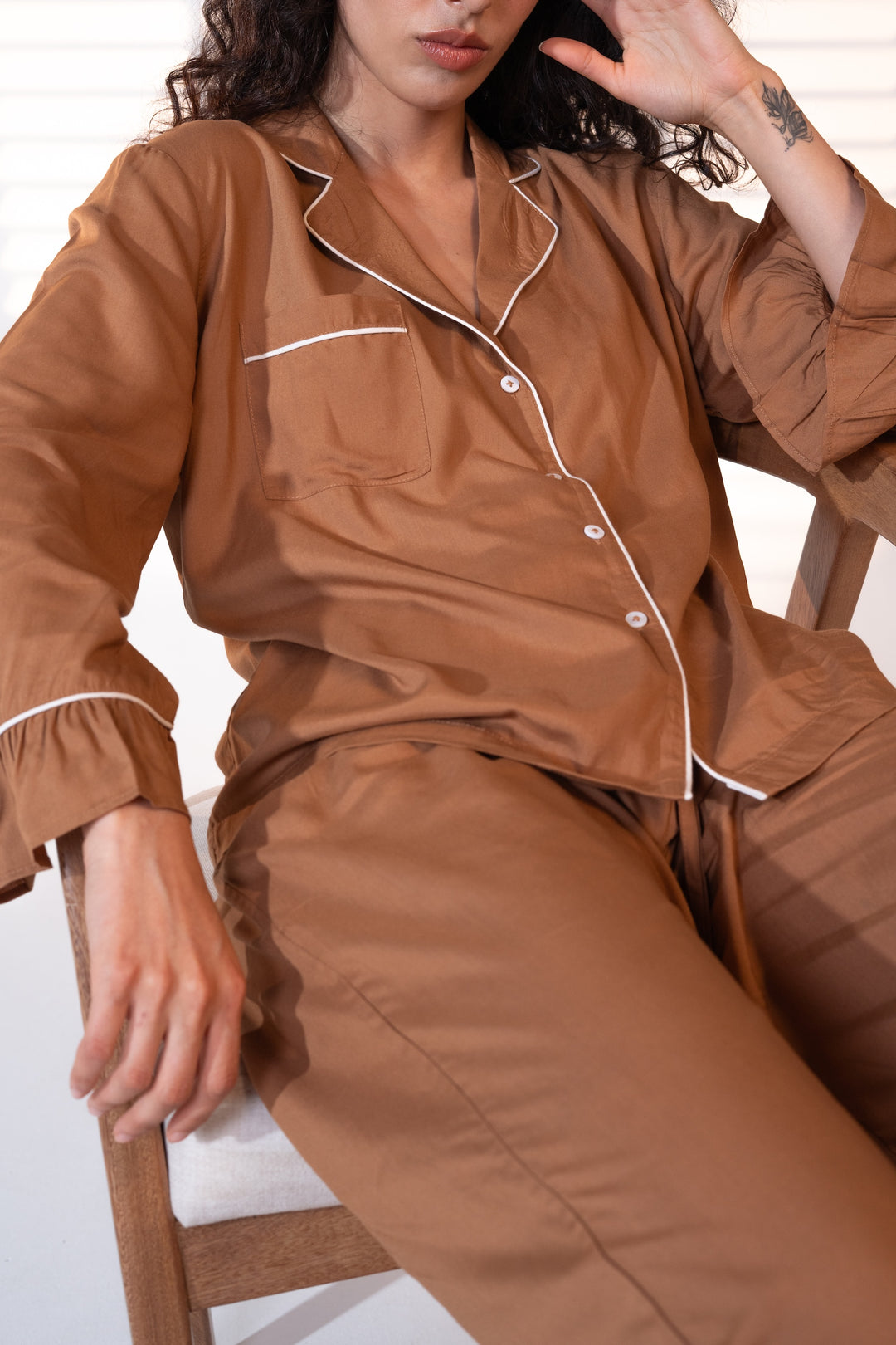 Luxury Bamboo Pajama Set Women | Brown & White