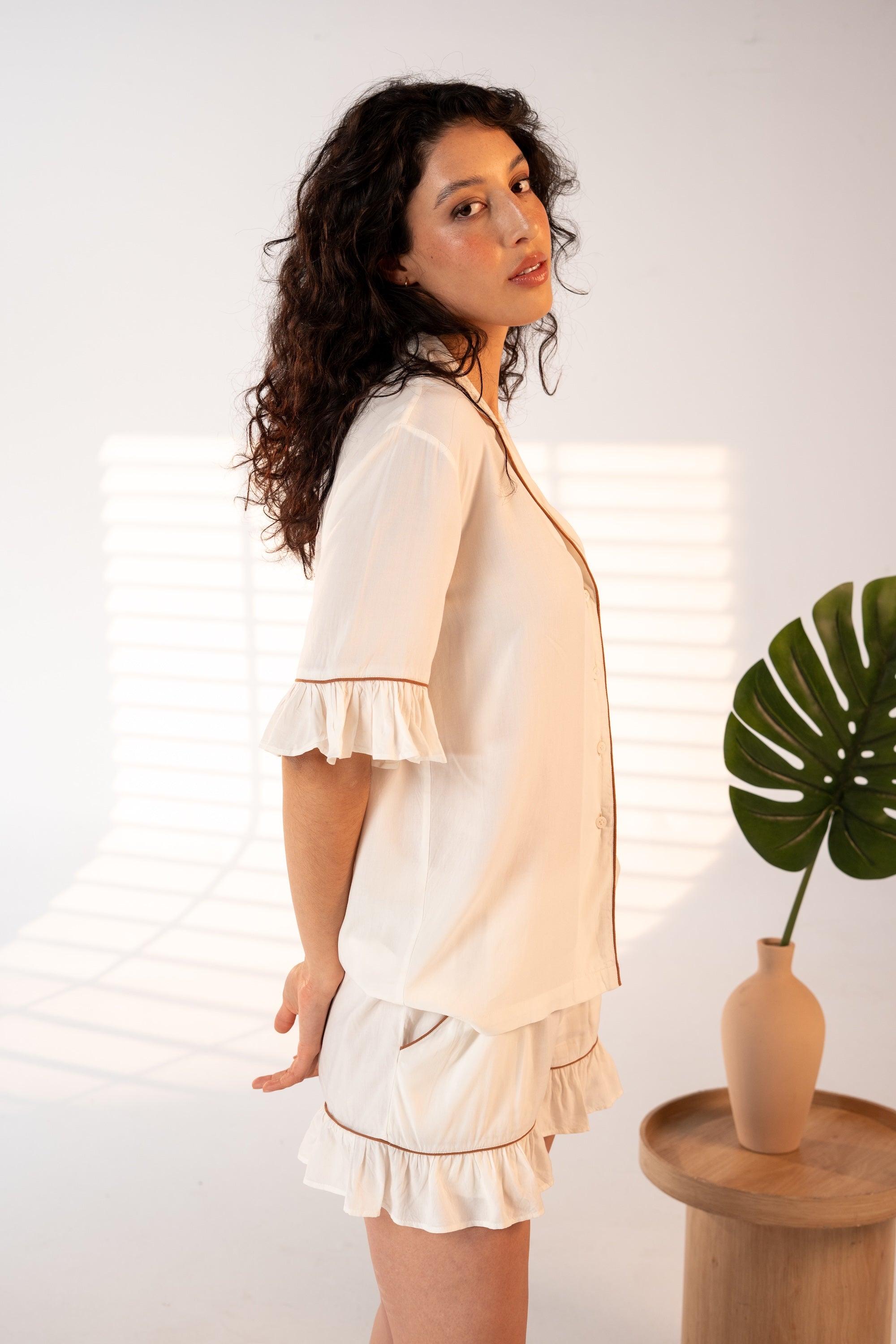 Daynaps  Short Sleeves Pajama - White & Brown