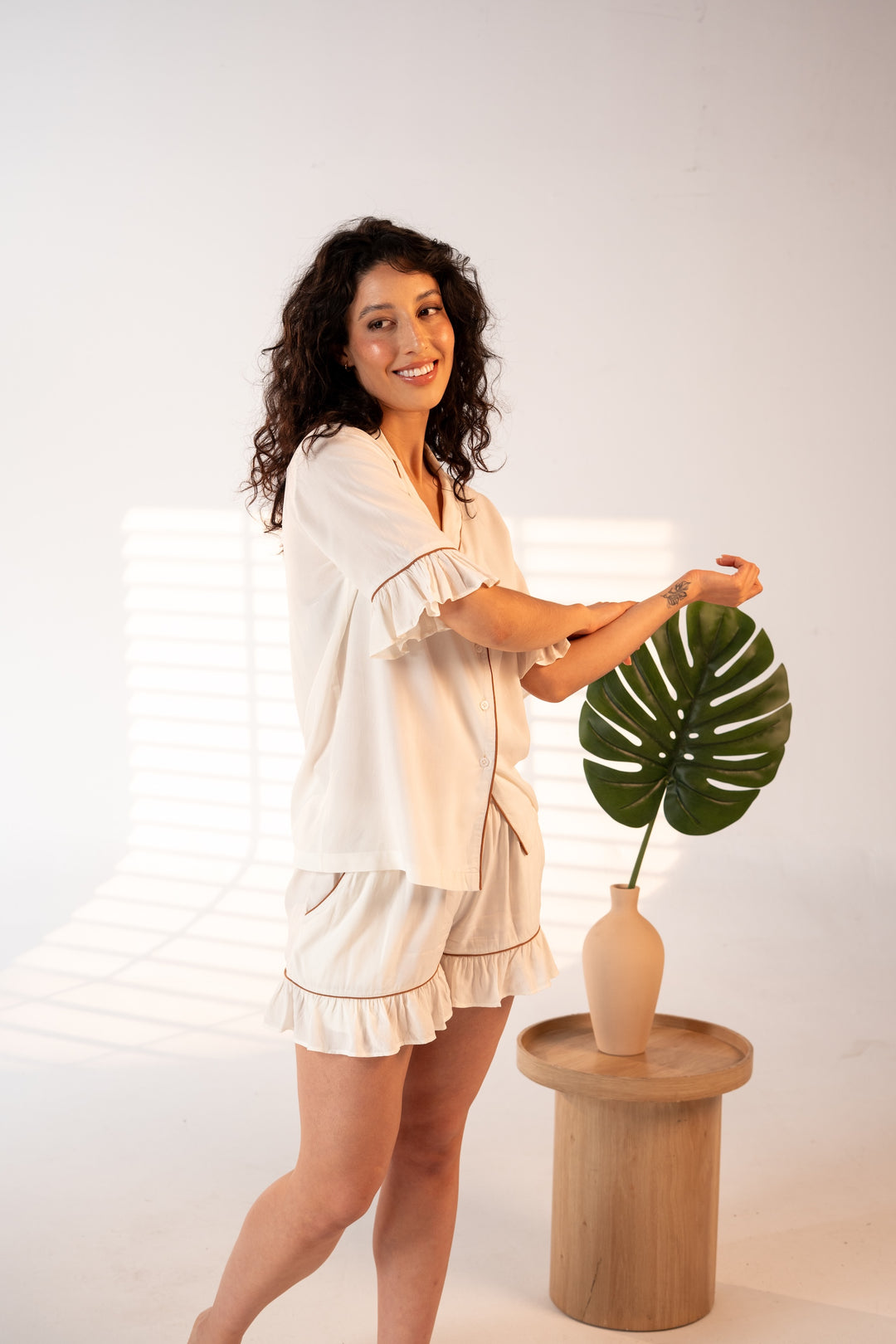 Daynaps  Short Sleeves Pajama - White & Brown