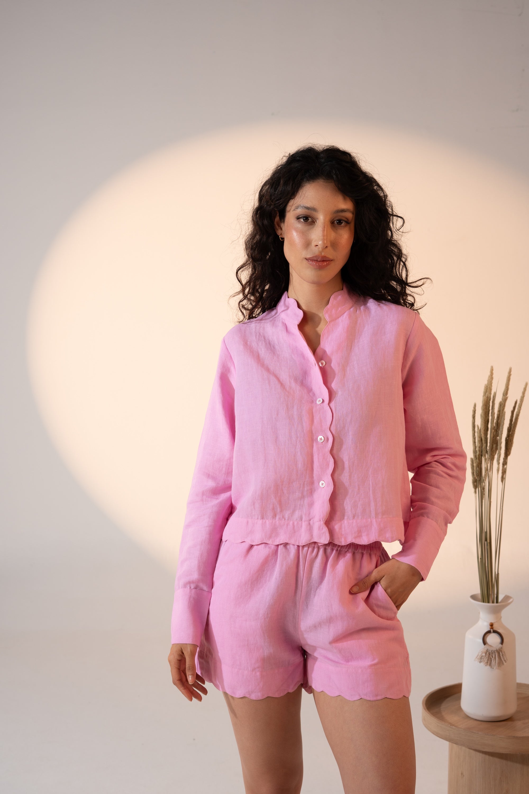 Pre- Order Linen Pajama Set with Scalloped Detail – Pink