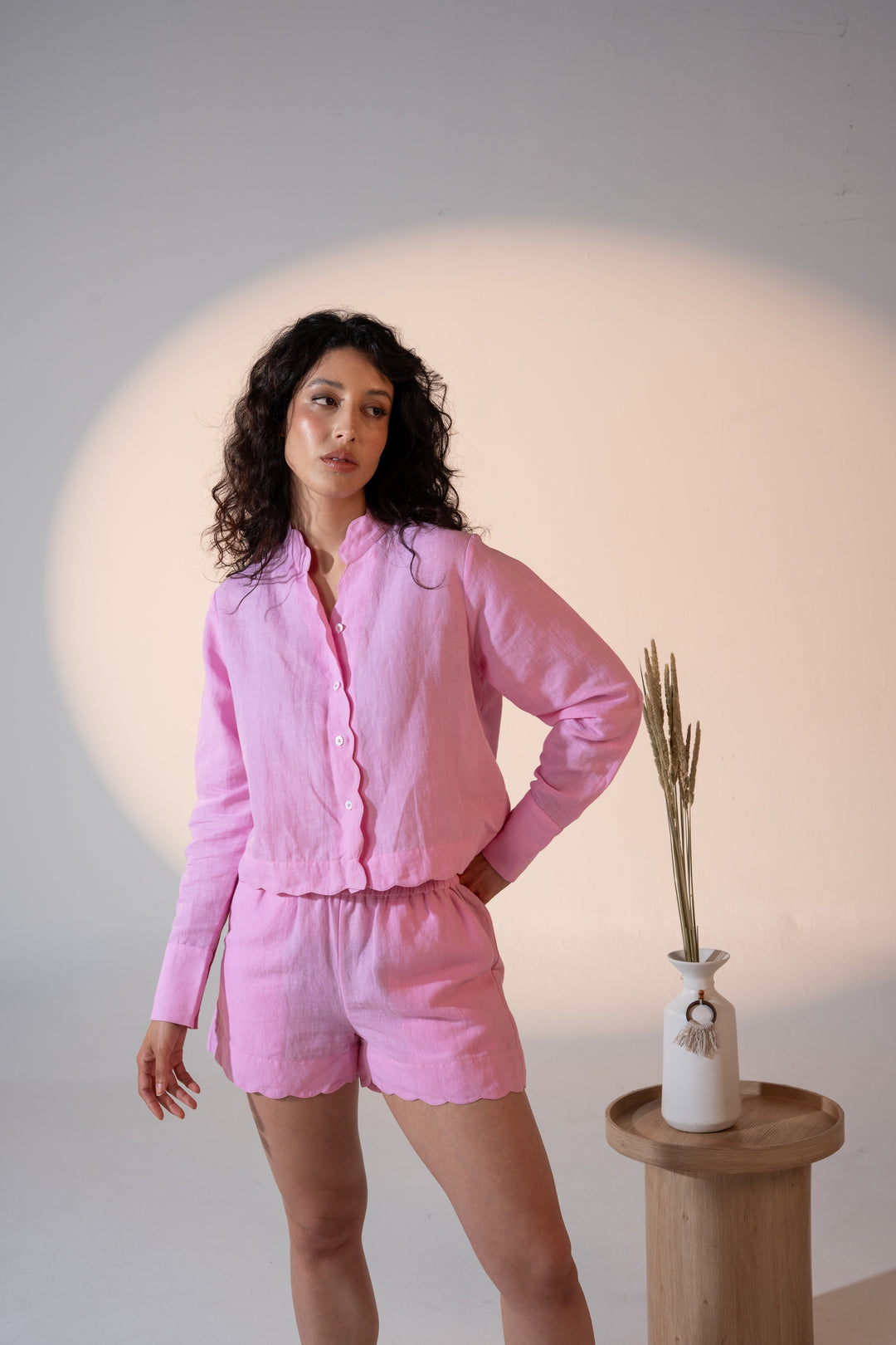 Pre- Order Linen Pajama Set with Scalloped Detail – Pink
