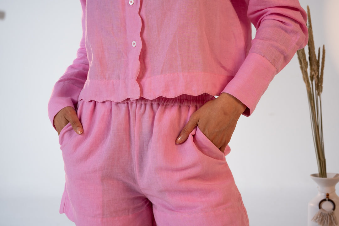 Pre- Order Linen Pajama Set with Scalloped Detail – Pink