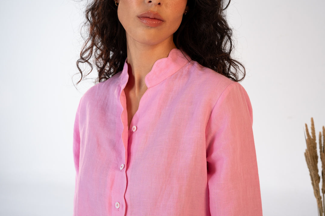 Pre- Order Linen Pajama Set with Scalloped Detail – Pink