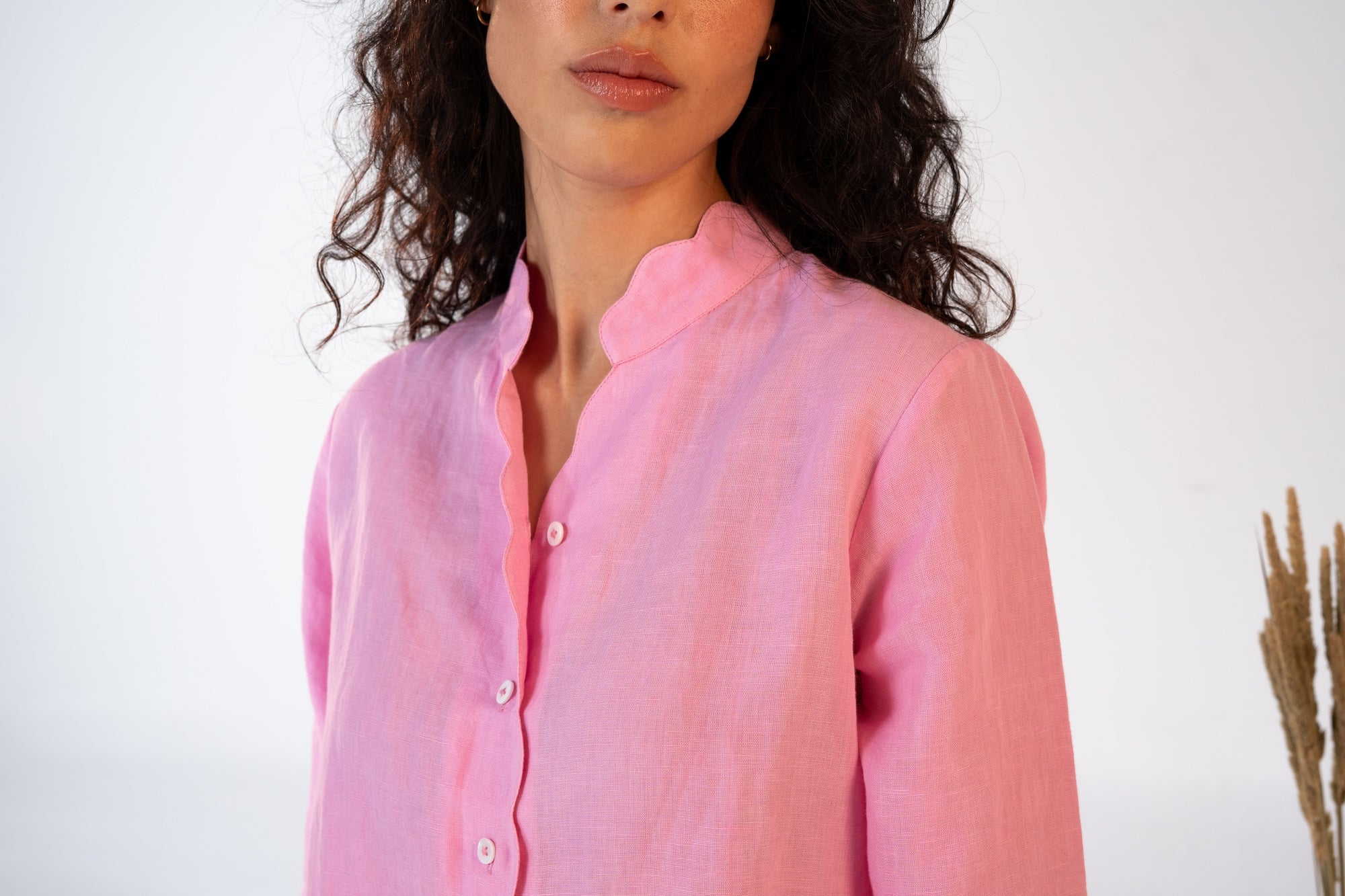 Pre- Order Linen Pajama Set with Scalloped Detail – Pink