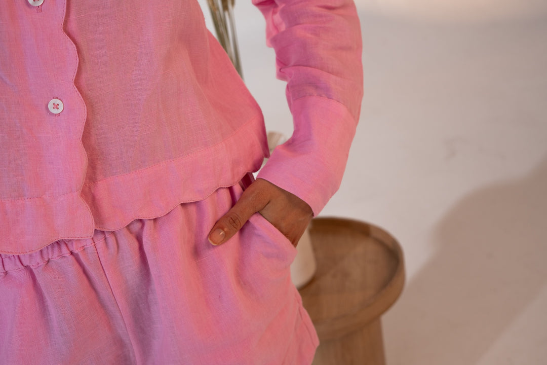 Pre- Order Linen Pajama Set with Scalloped Detail – Pink