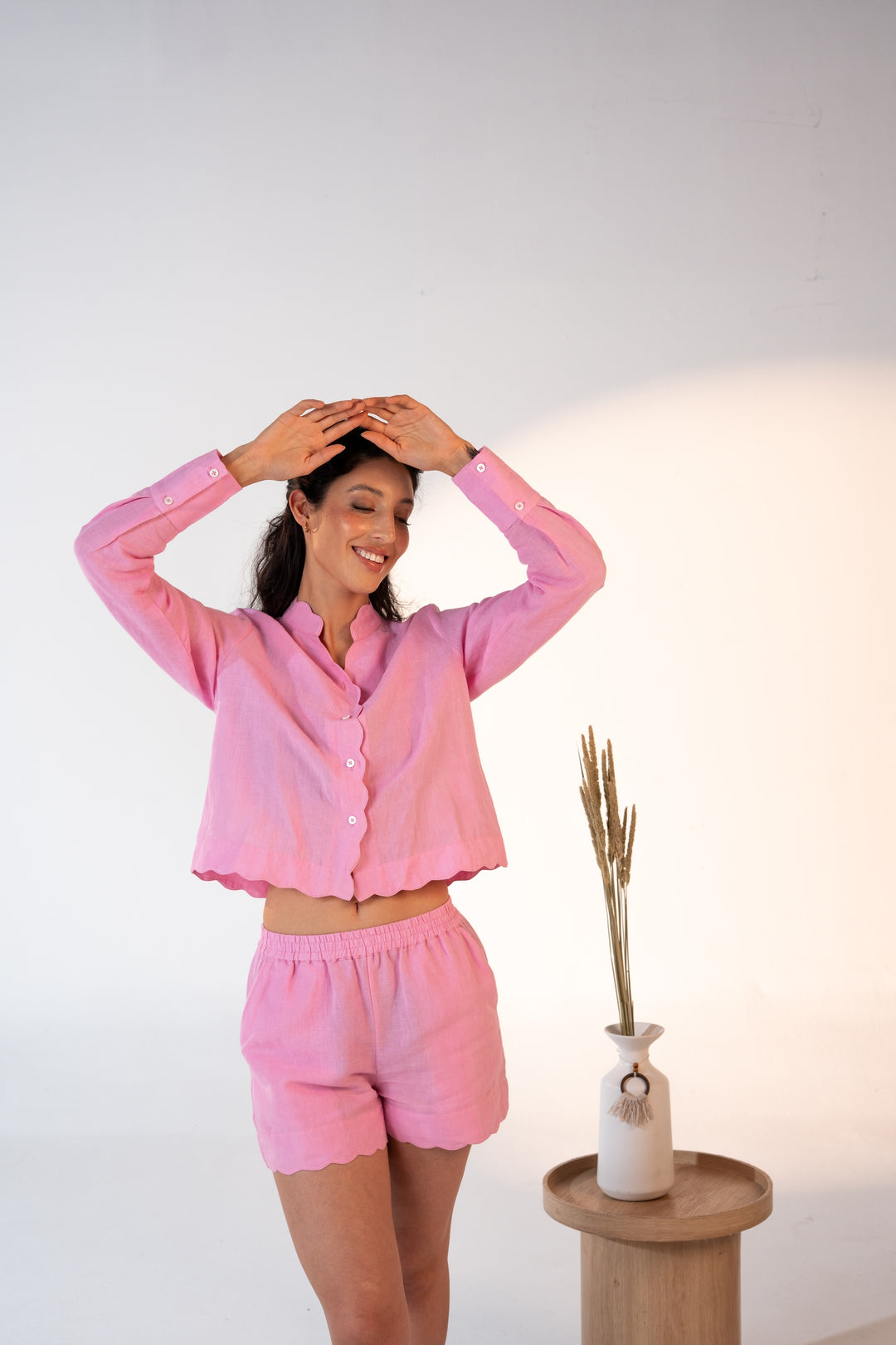 Pre- Order Linen Pajama Set with Scalloped Detail – Pink