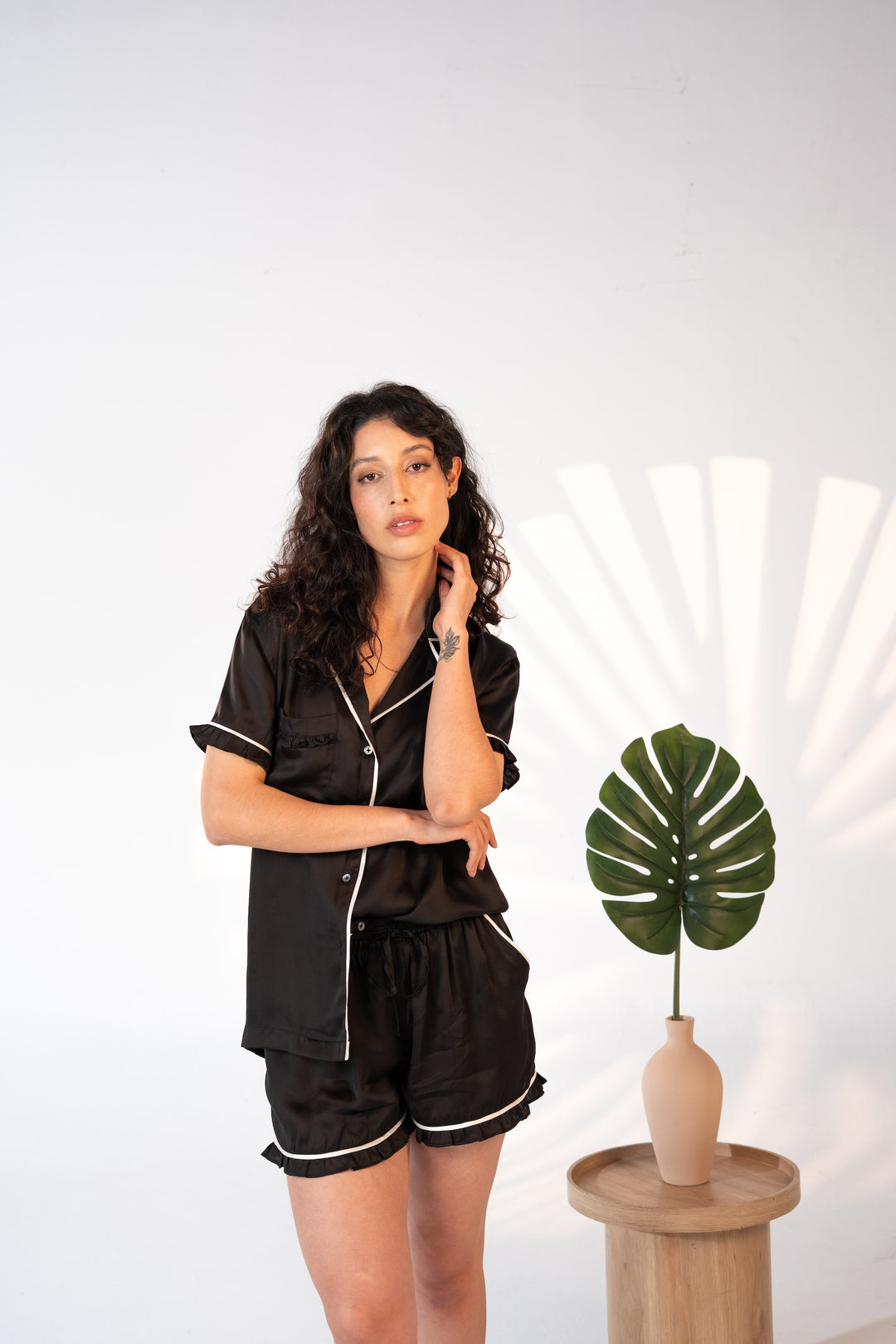 Washable Silk Pajama Set with Ruffle Pocket – Black