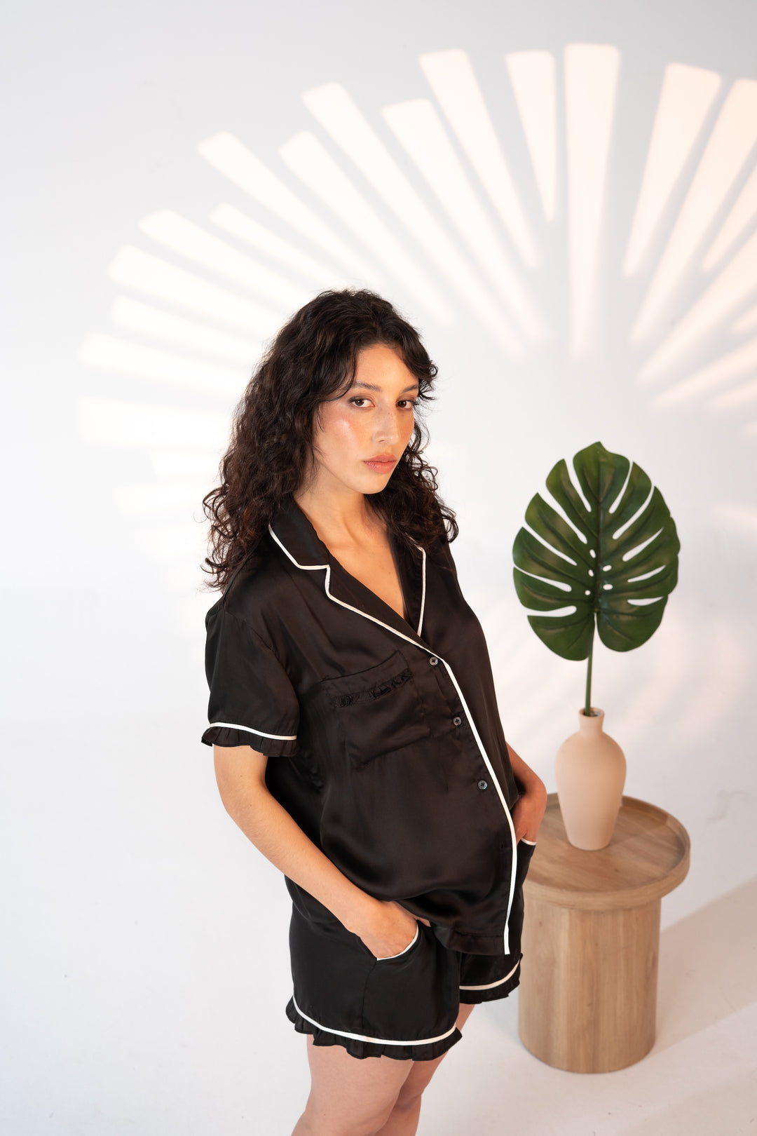 Washable Silk Pajama Set with Ruffle Pocket – Black