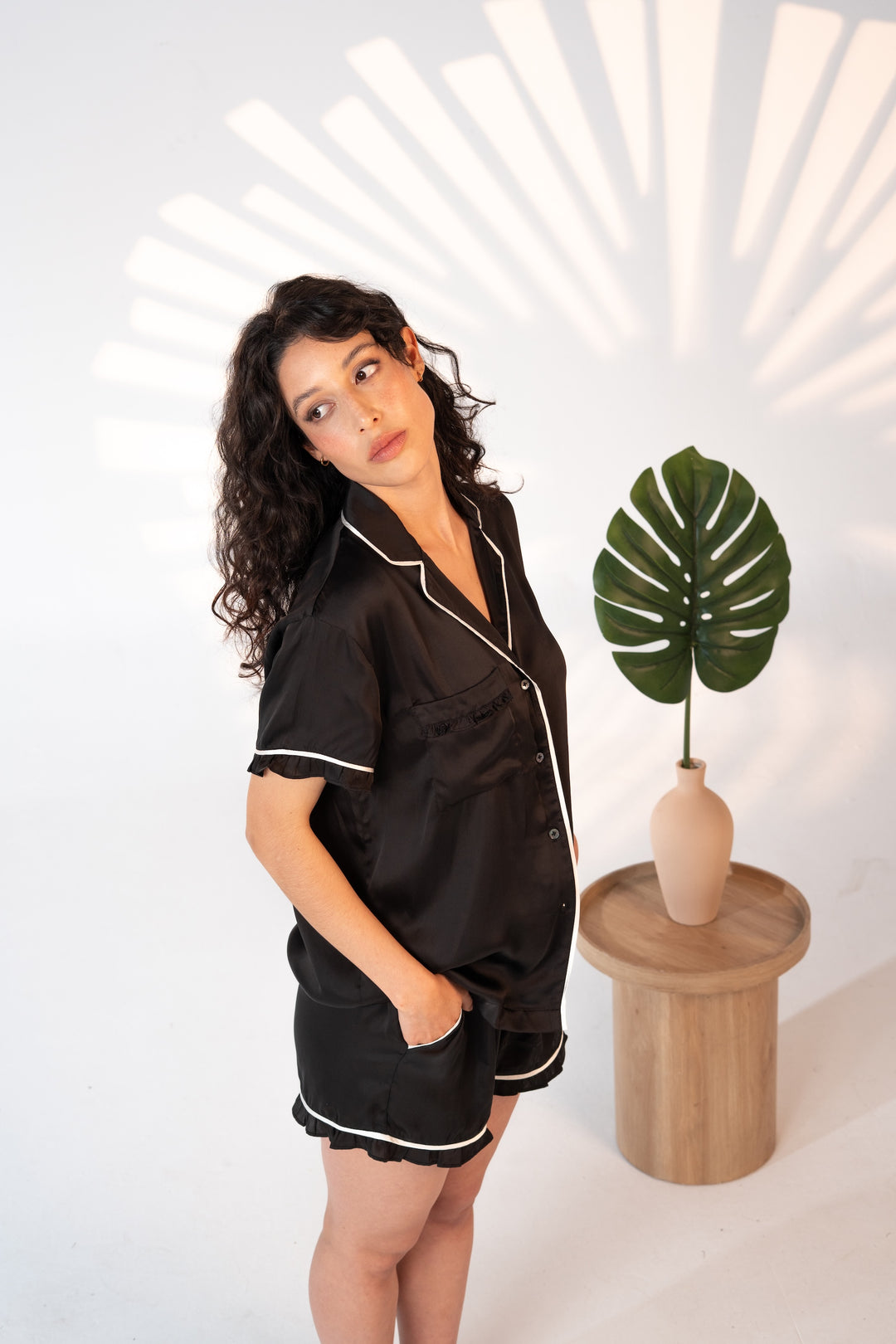 Washable Silk Pajama Set with Ruffle Pocket – Black