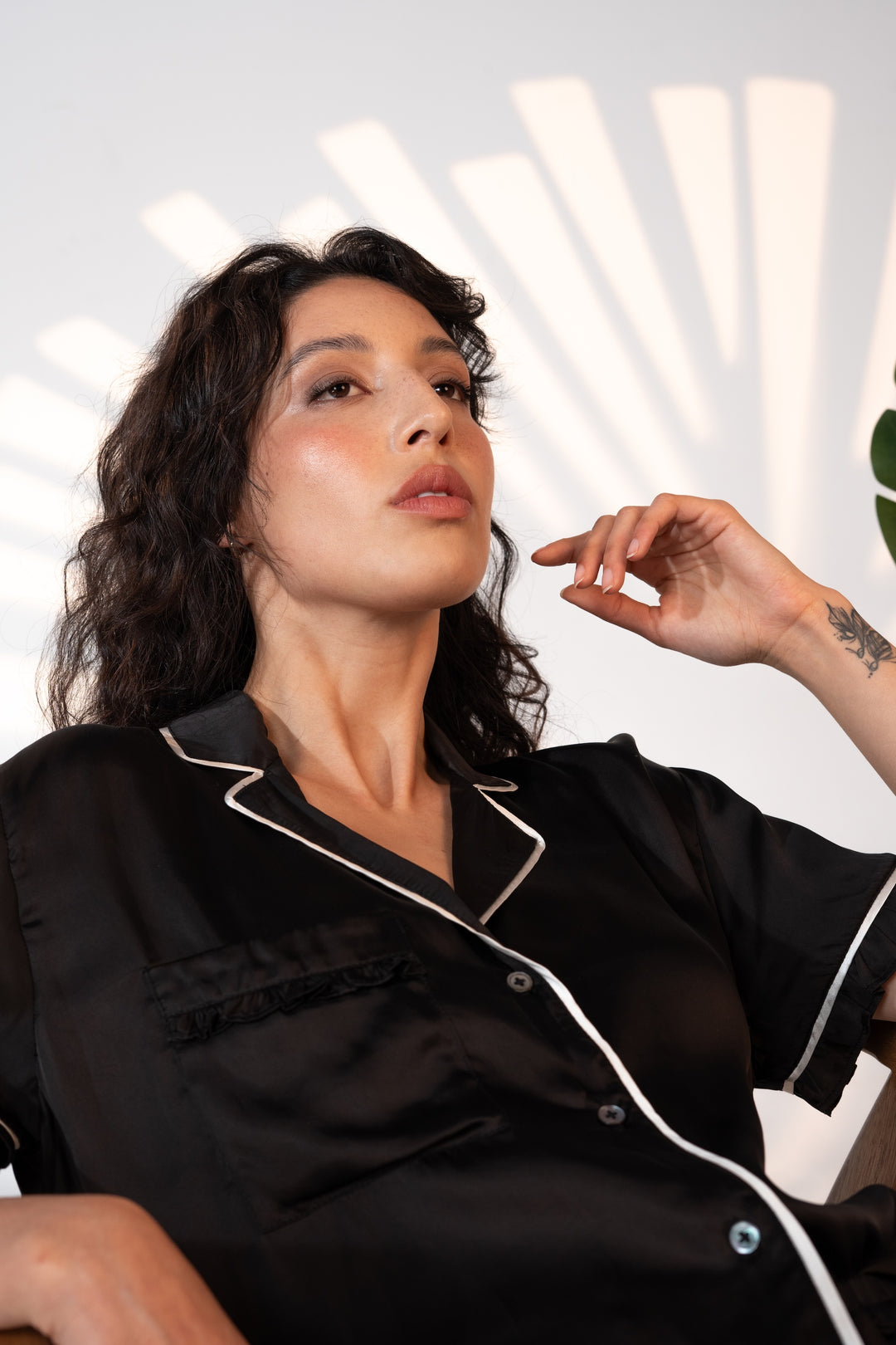 Washable Silk Pajama Set with Ruffle Pocket – Black