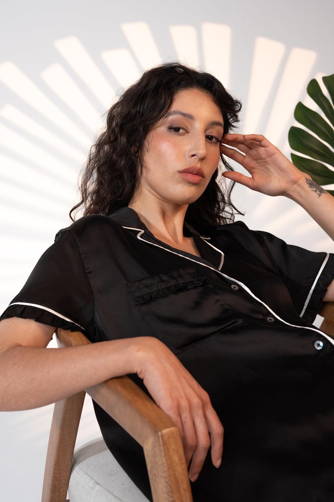 Washable Silk Pajama Set with Ruffle Pocket – Black