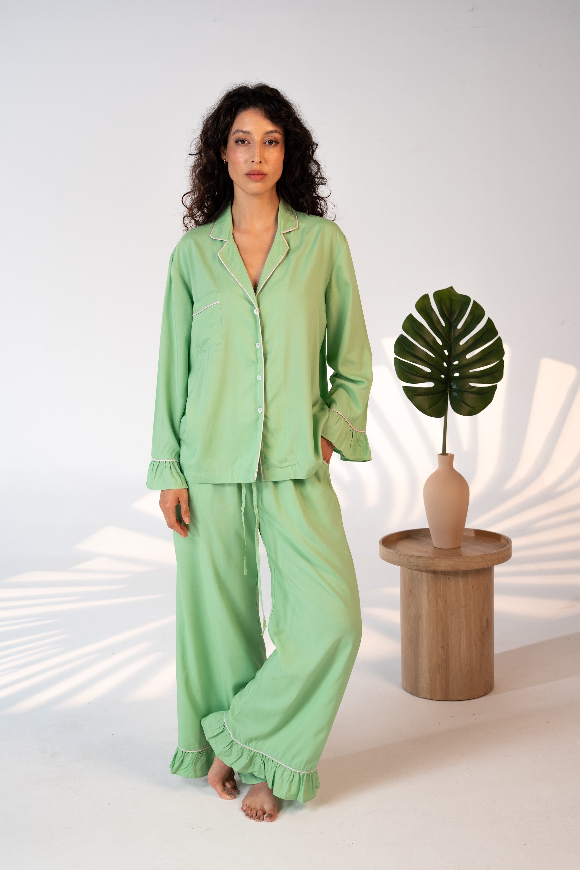 Luxury Bamboo Pajama Set Women | Green with Pink Piping