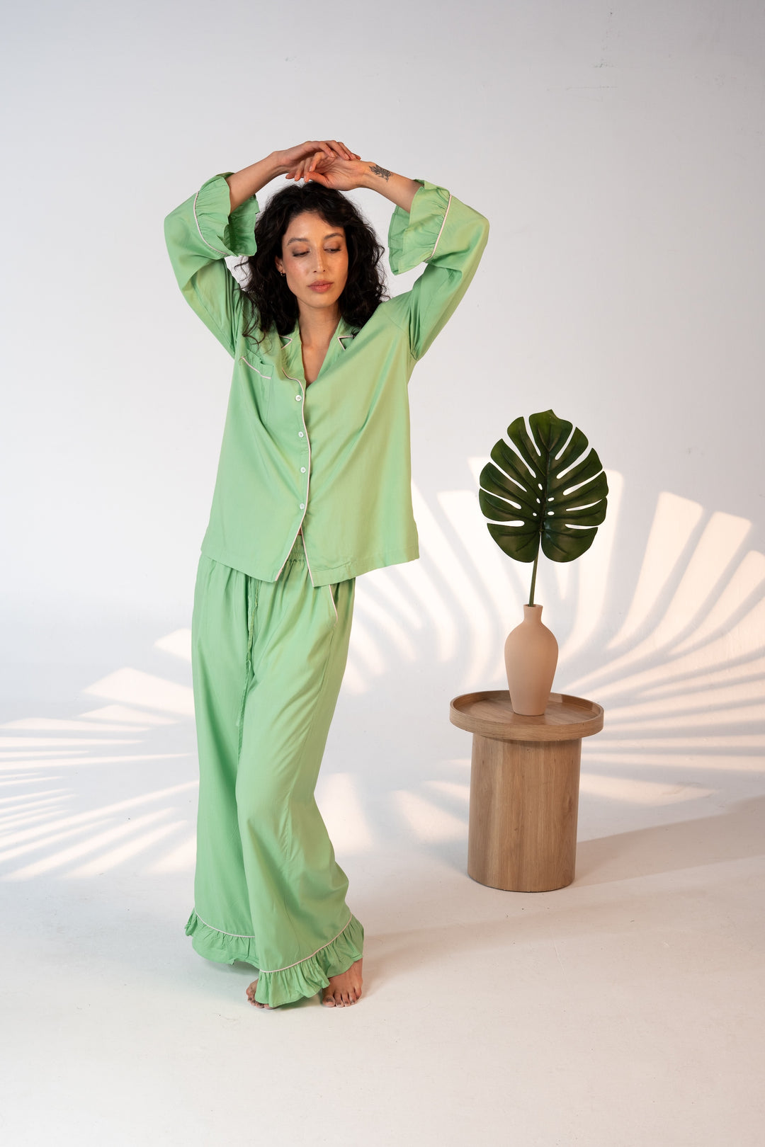 Luxury Bamboo Pajama Set Women | Green with Pink Pipping