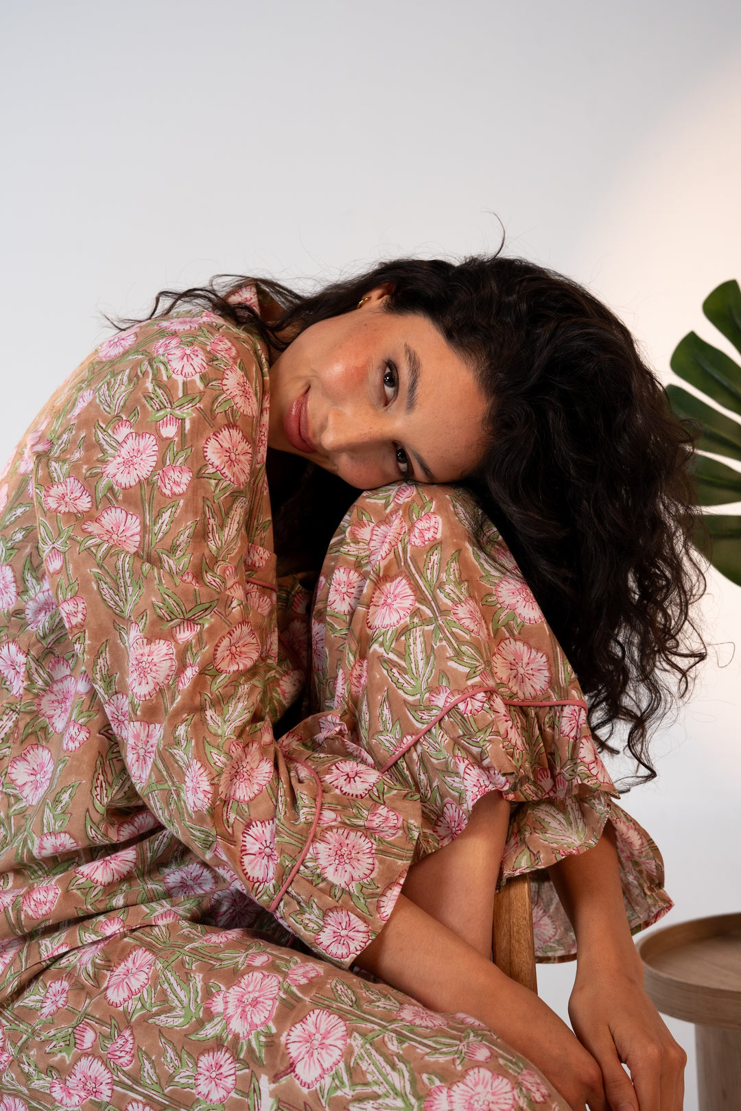 Luxury Cotton Pajama Set Women | Beige & Prink Block Print