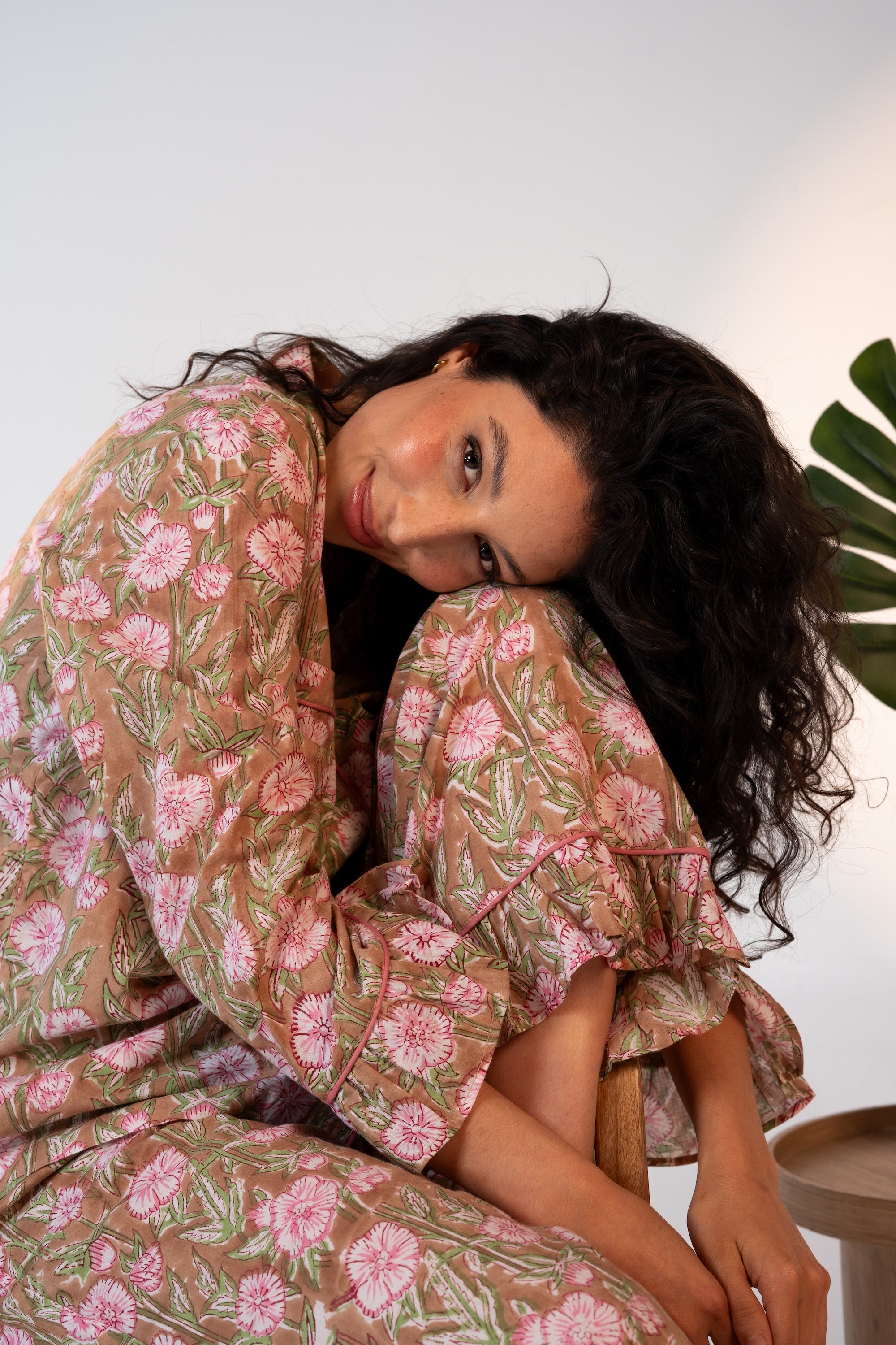 Luxury Cotton Pajama Set Women | Beige & Prink Block Print