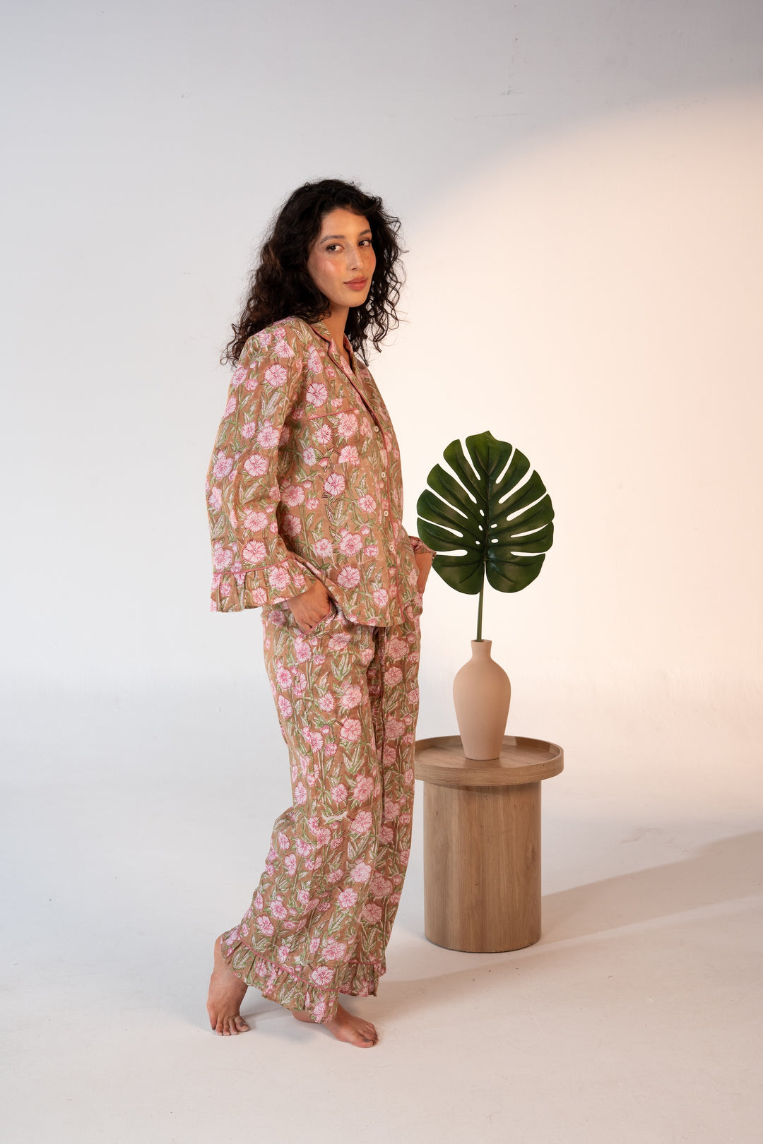 Luxury Cotton Pajama Set Women | Beige & Prink Block Print