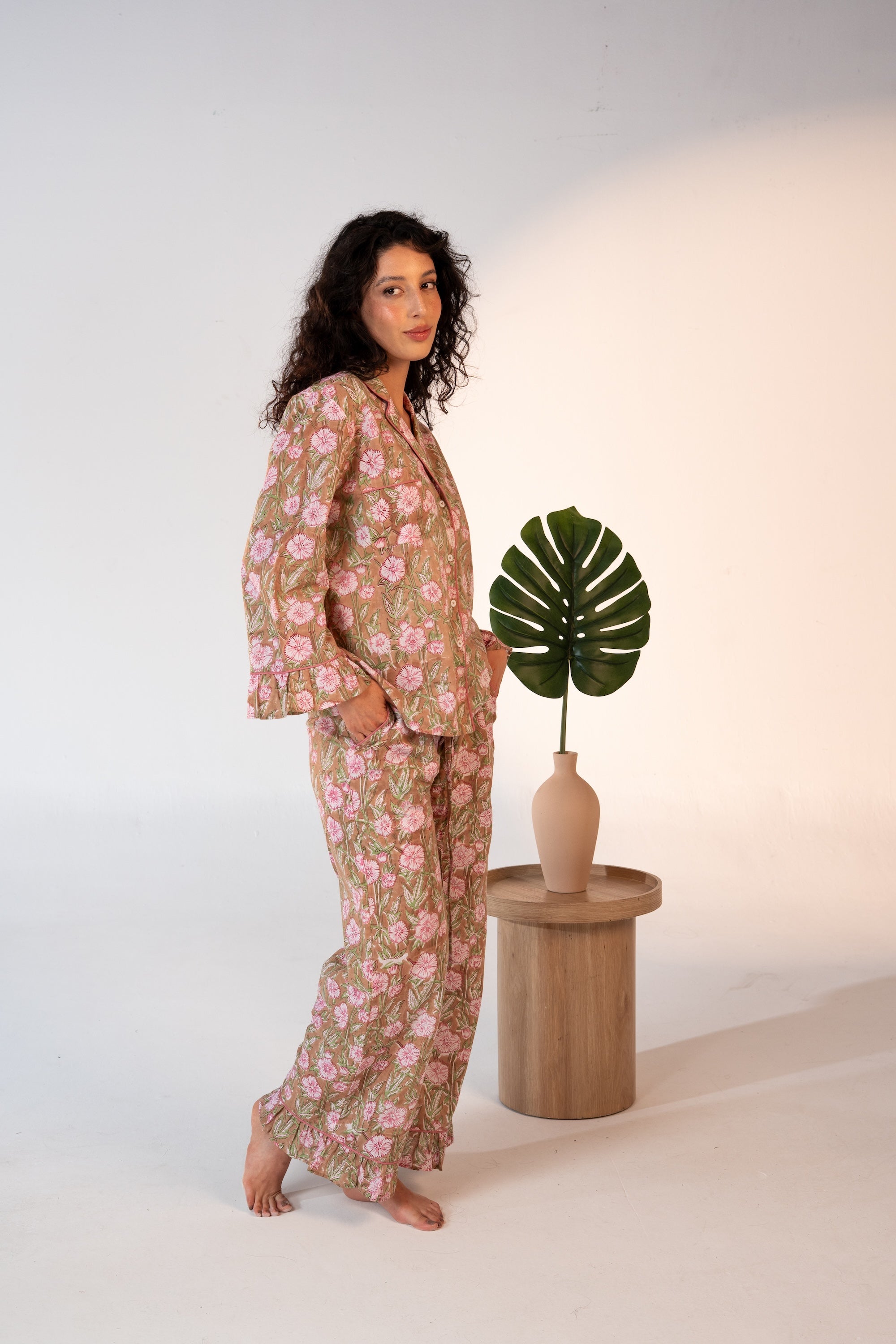 Luxury Cotton Pajama Set Women | Beige & Prink Block Print