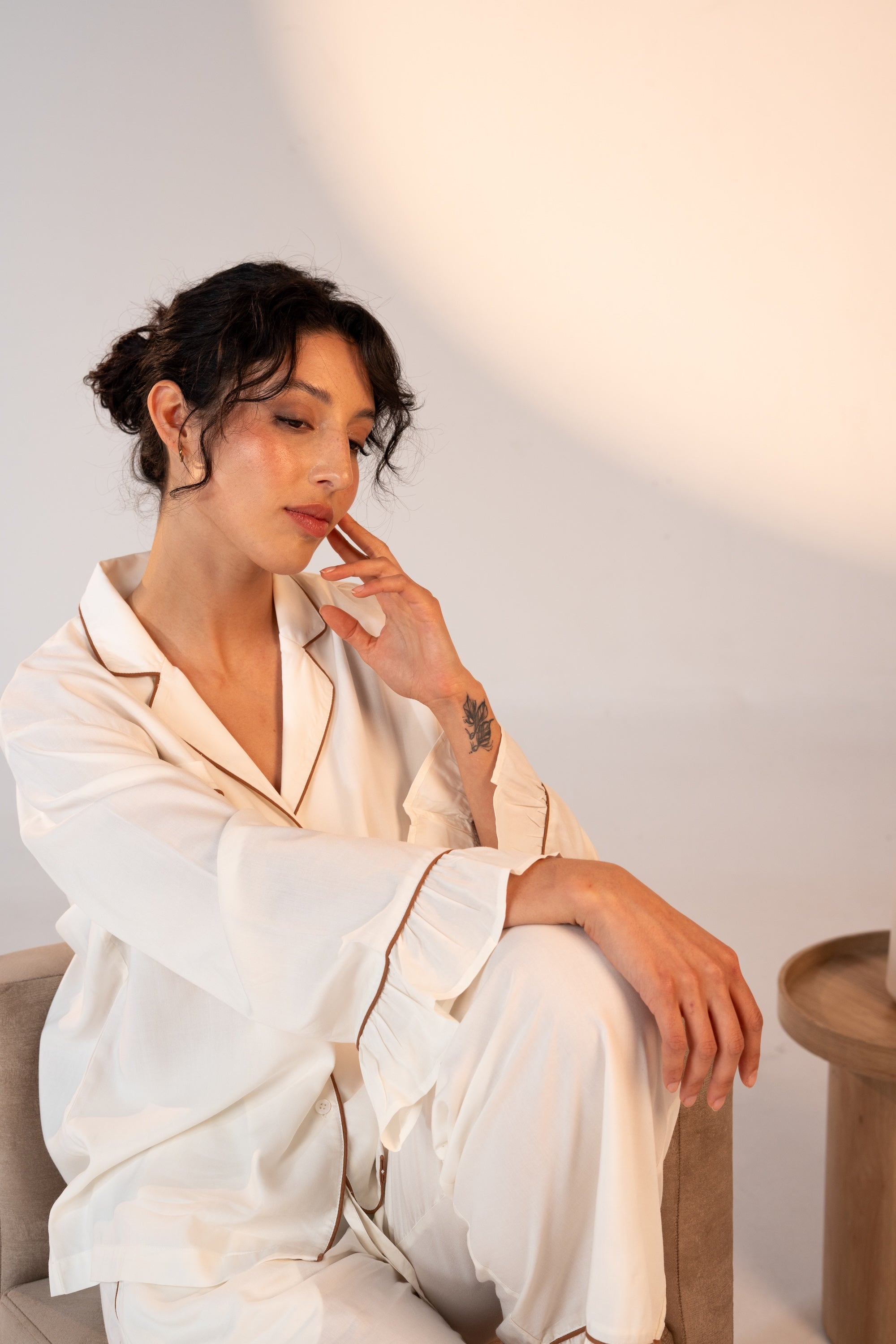 Luxury Bamboo Pajama Set Women | White With Brown Pipping