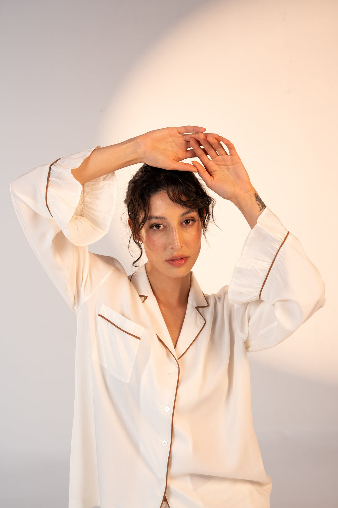 Luxury Bamboo Pajama Set Women | White With Brown Pipping