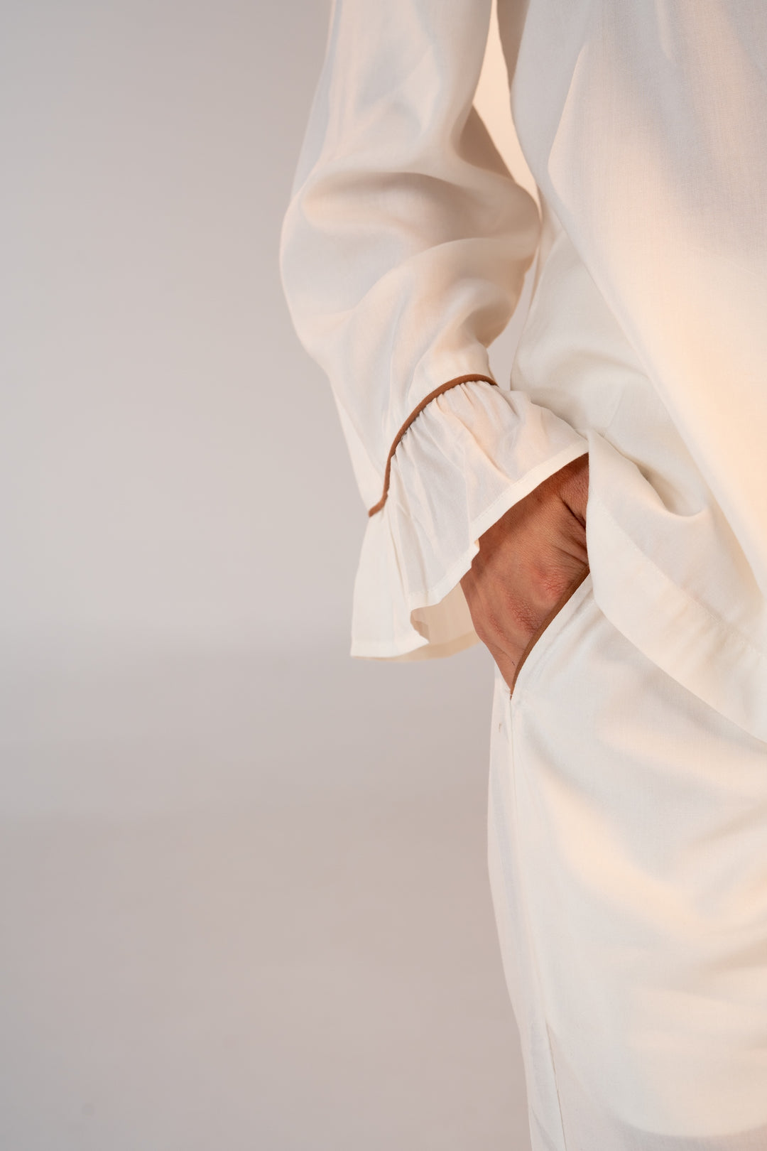 Luxury Bamboo Pajama Set Women | White With Brown Pipping