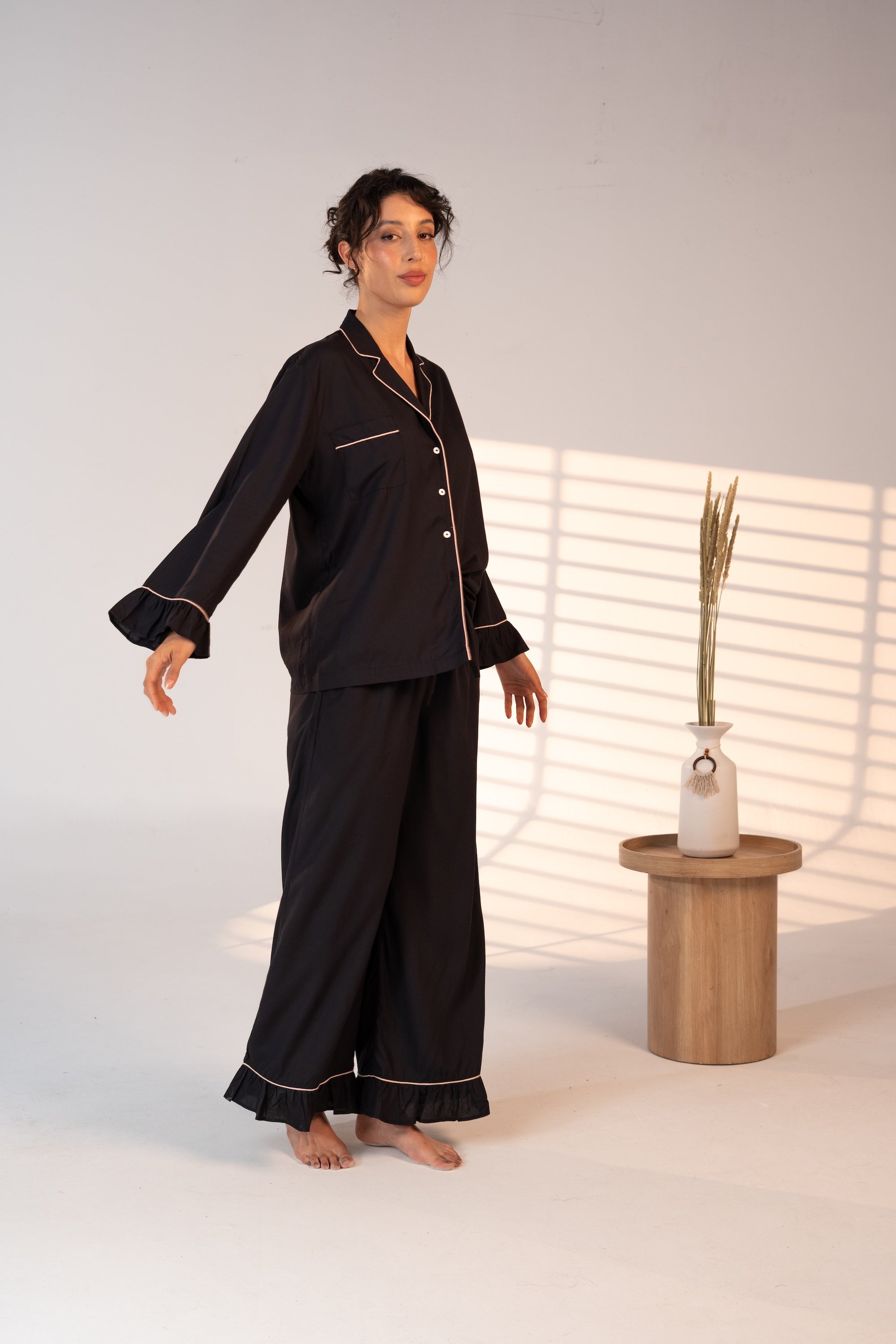 Bamboo Luxury Pajama Set for Women – Black with Pink Piping | Carolina Benoit