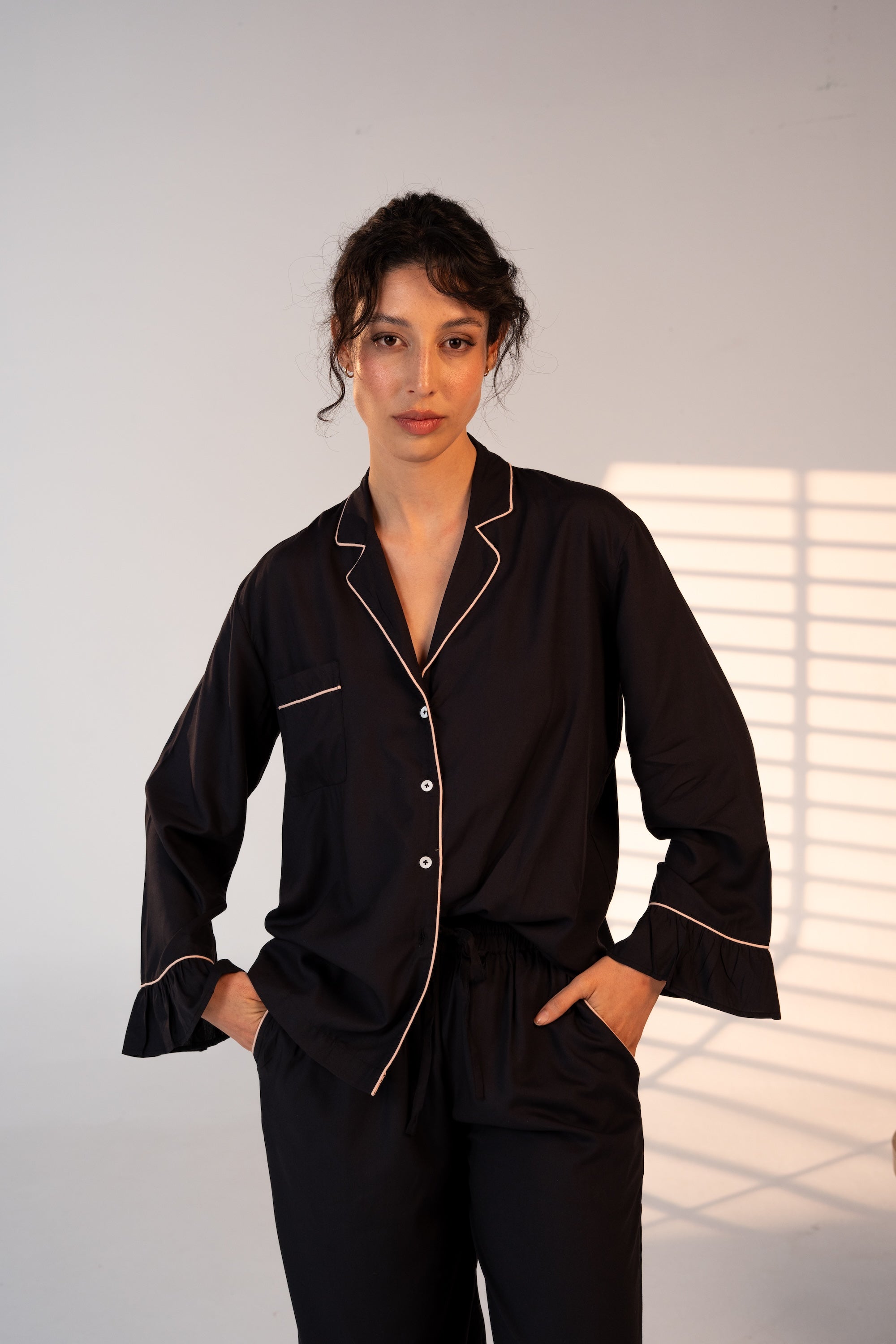 Bamboo Luxury Pajama Set for Women – Black with Pink Piping | Carolina