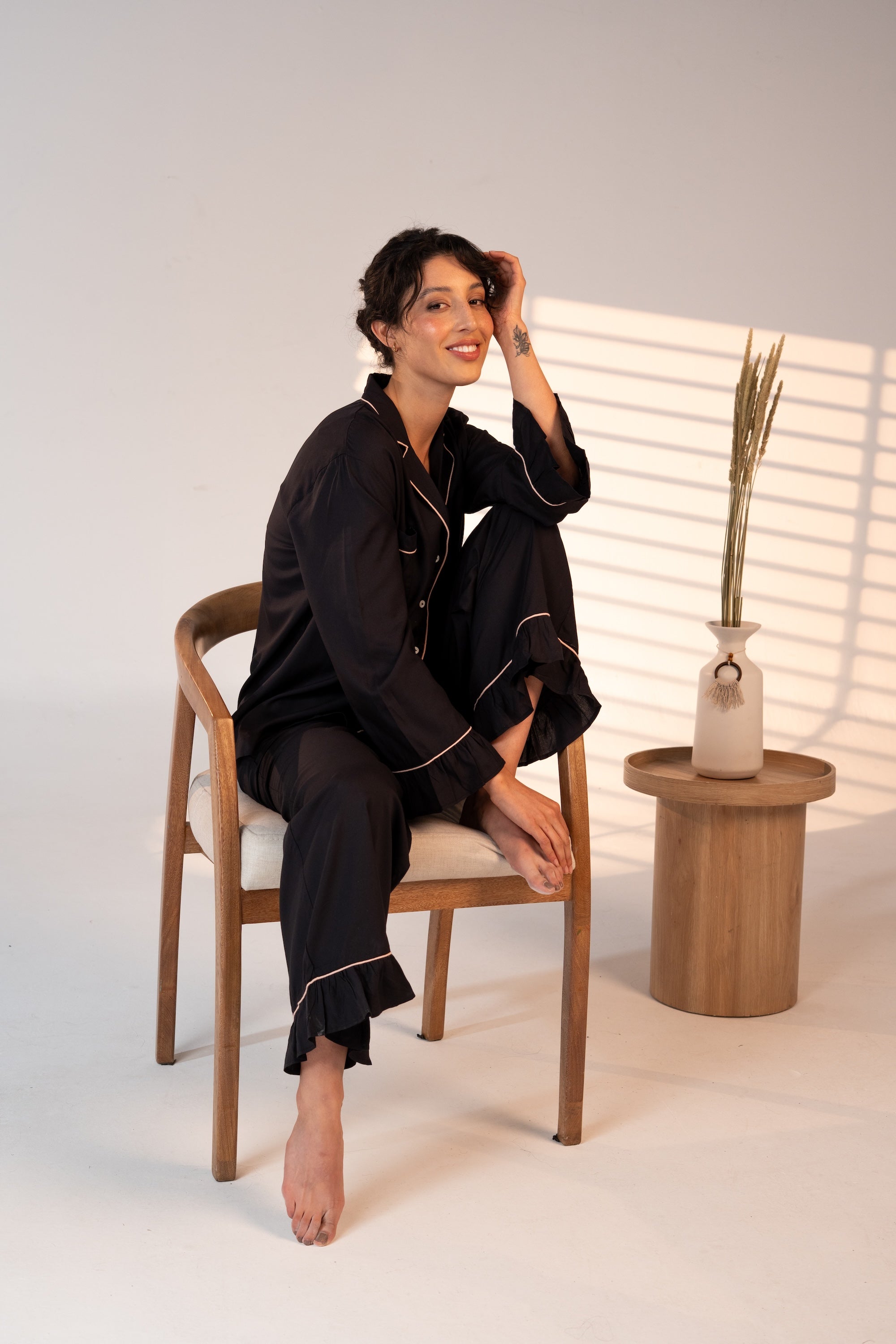 Bamboo Luxury Pajama Set for Women – Black with Pink Piping | Carolina