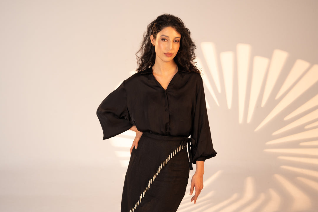 Black Vegan Silk Waiting Top - Lined Buttons