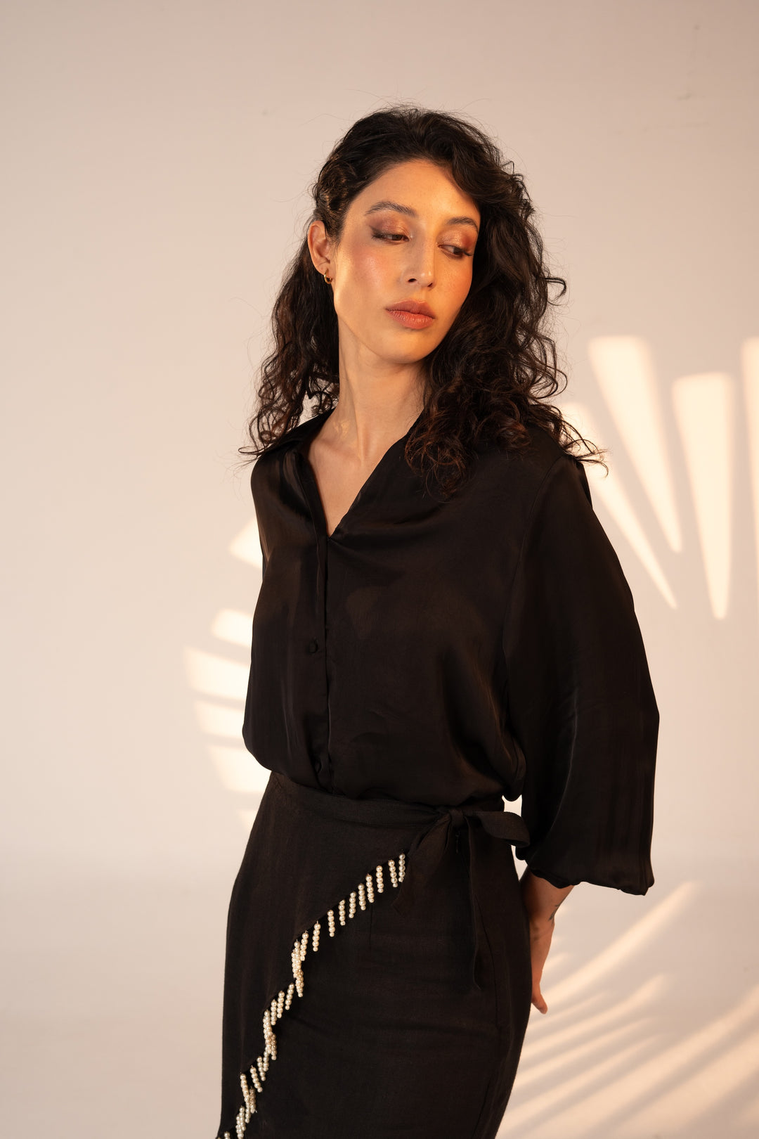 Black Vegan Silk Waiting Top - Lined Buttons