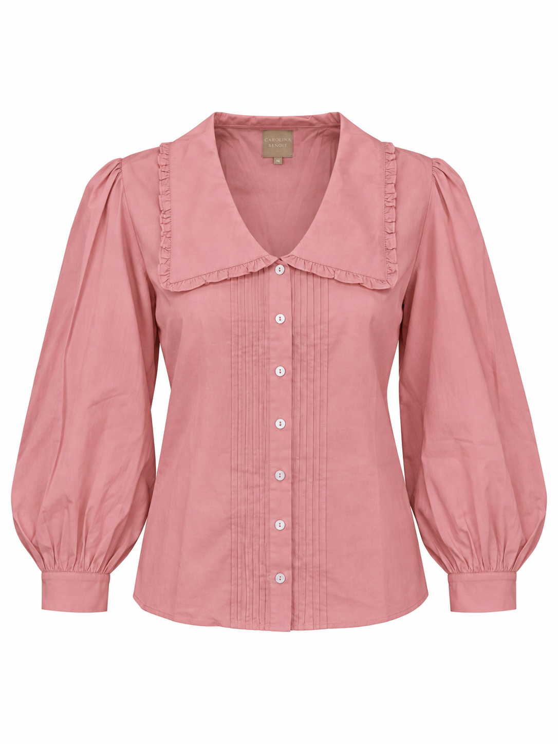 A dusty pink long-sleeve blouse with a ruffled collar, button-down front, and gathered puff sleeves, shown against a plain white background.