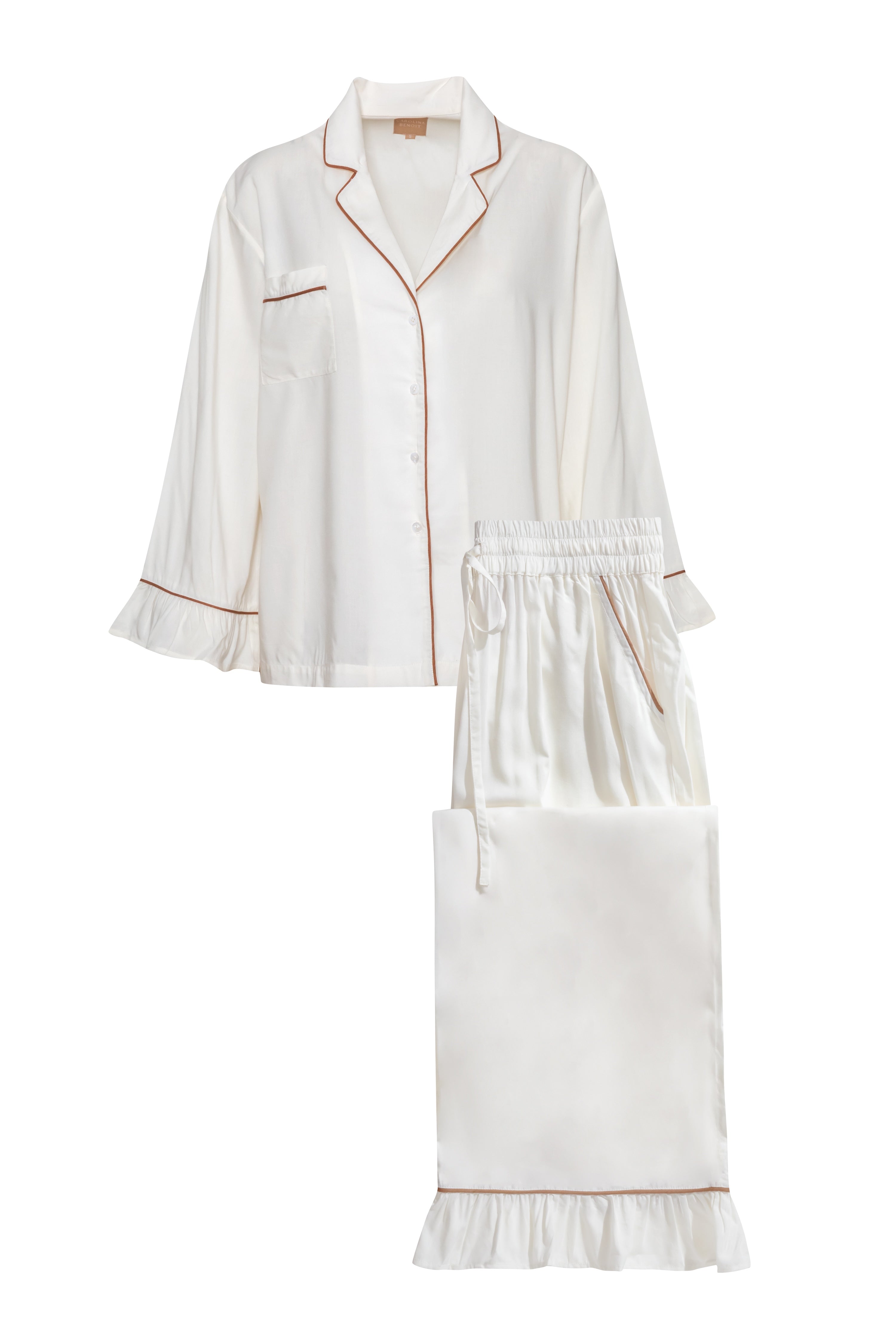 White pajama set with brown piping on a white background