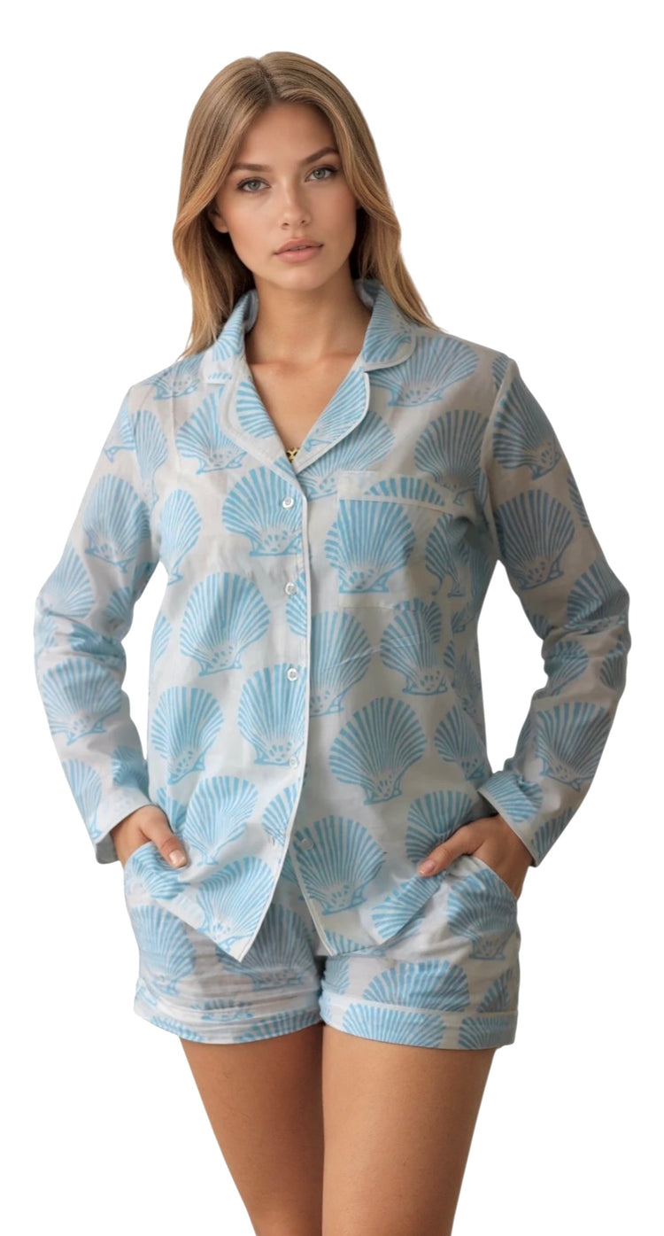 Lightweight coastal print pajamas for women, featuring ocean-inspired seashell pattern in soft blue.