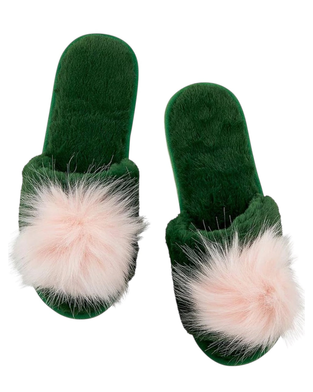Plush Slippers - Green with Blush Pom Pom: Small