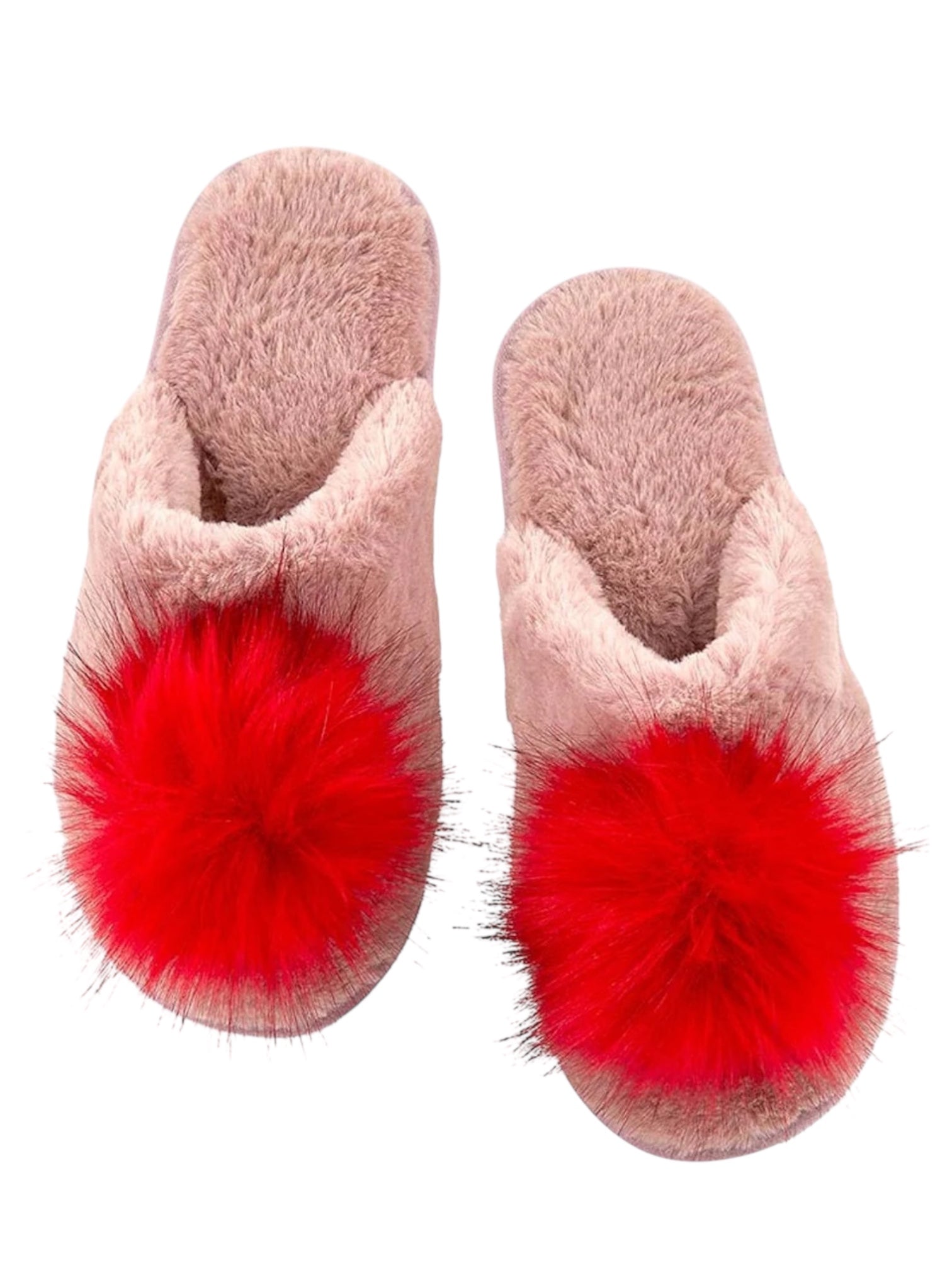 Plush Slippers - Blush with Red Pom Pom