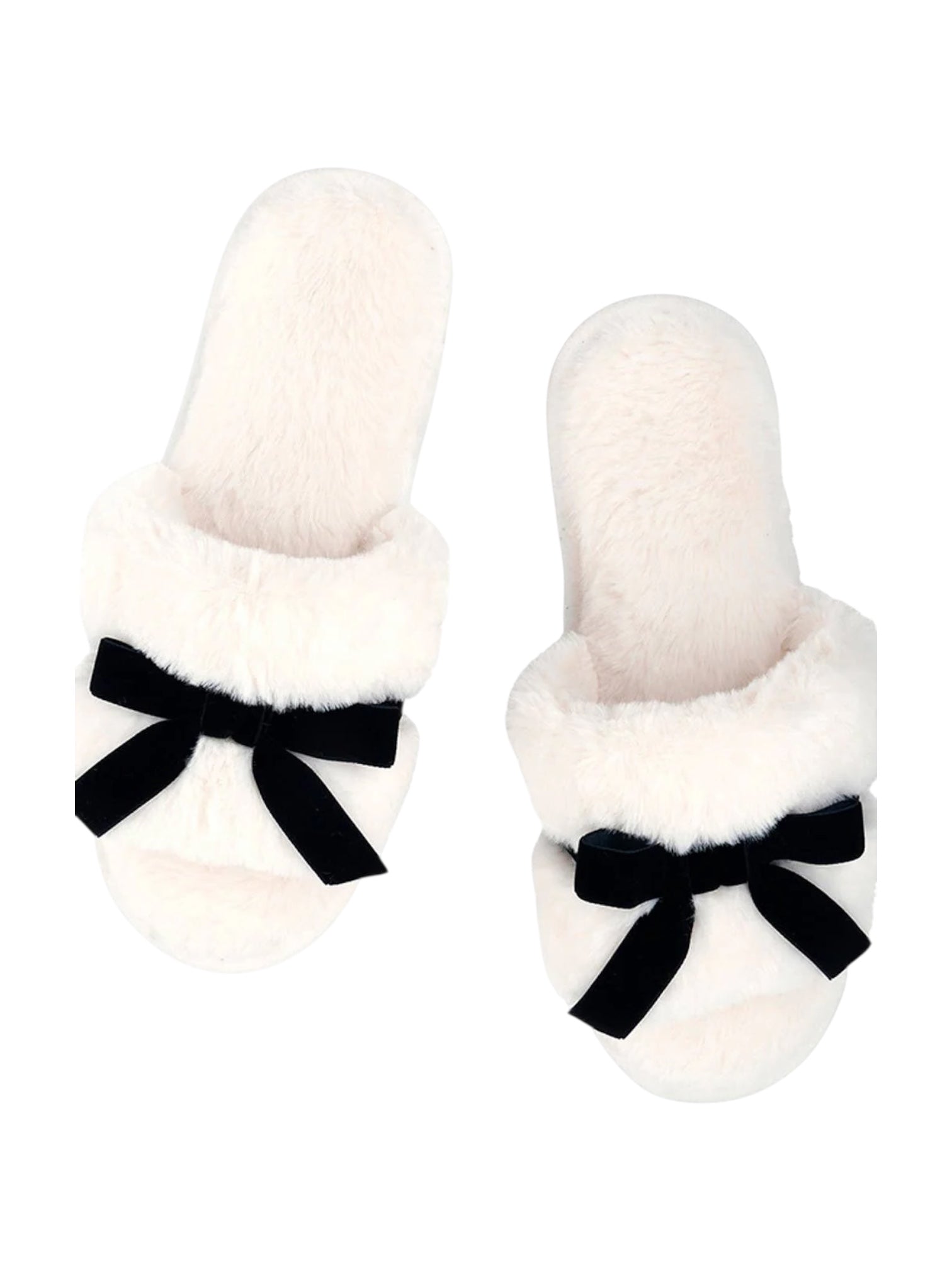 Plush Velvet Bow Slippers - Ivory + Black Velvet Bow