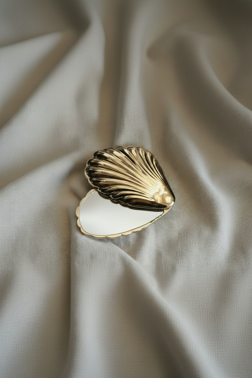 Gold shell-shaped jewelry dish on a white fabric background with Celine handbag partially visible.