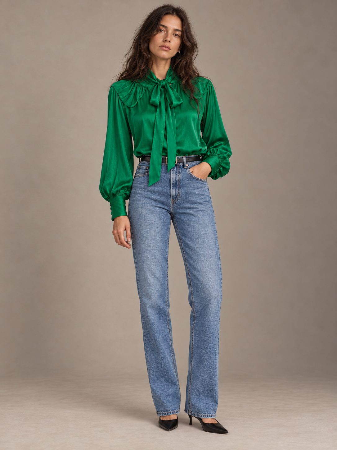 For Rose Vegan Silk Green Pussy Bow Top