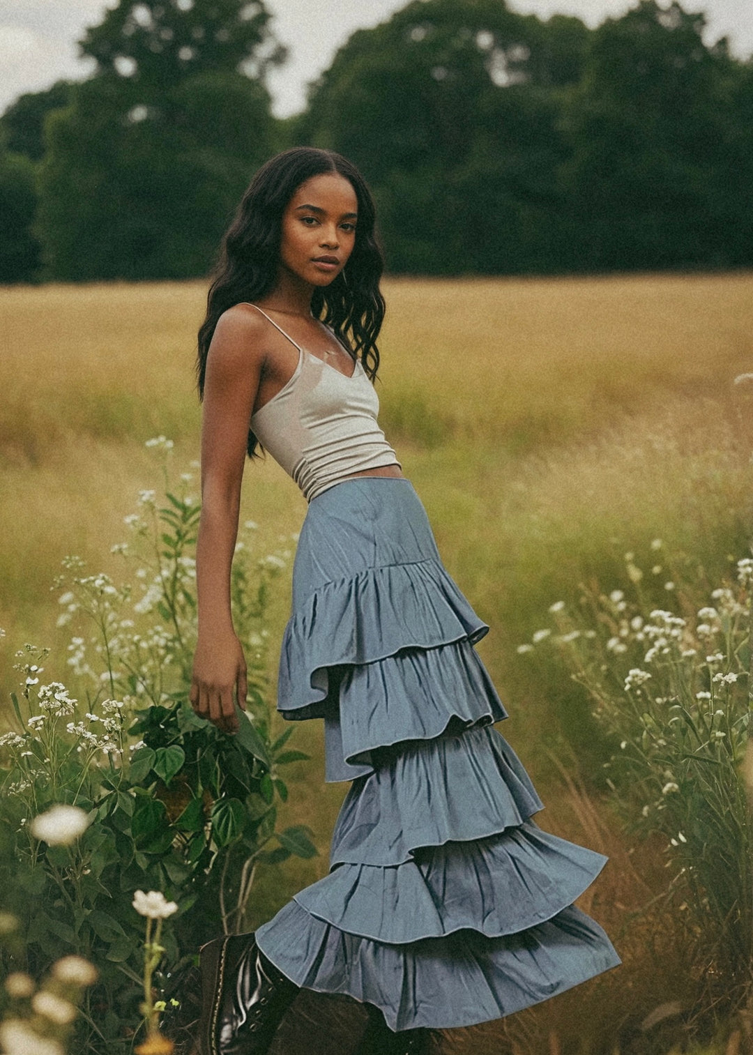 Palace Maxi Ruffled Skirt In Eco Denim