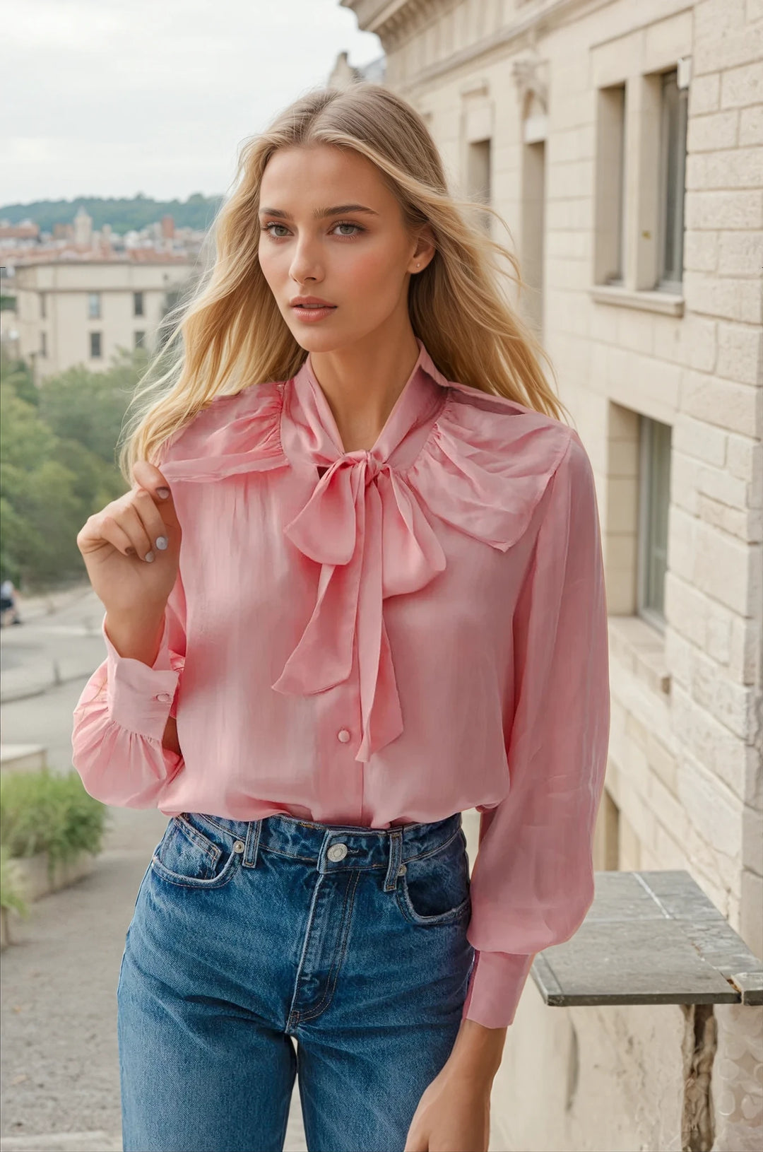 For Rose Vegan Silk Pink Pussy Bow Top