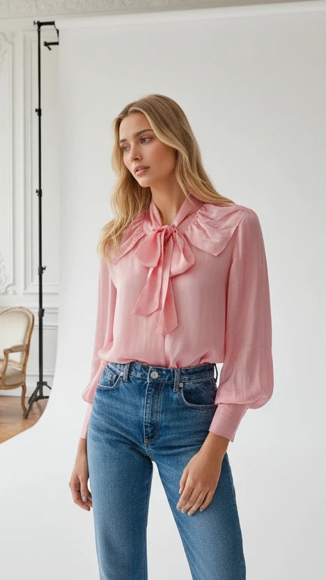 For Rose Vegan Silk Pink Pussy Bow Top