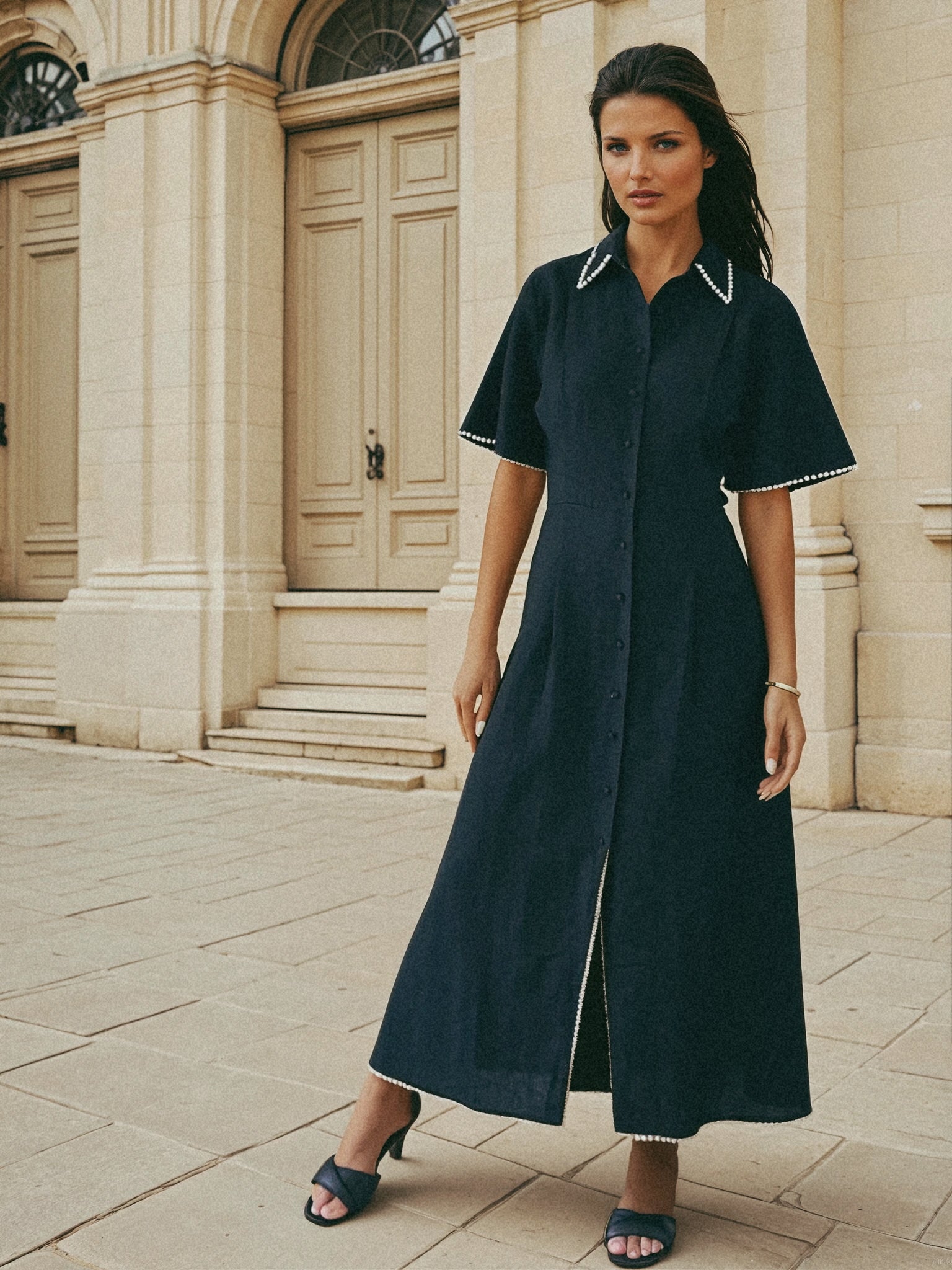 Cafe Au Lait Button Down Dress Sustainable Linene Pearl Embroidery