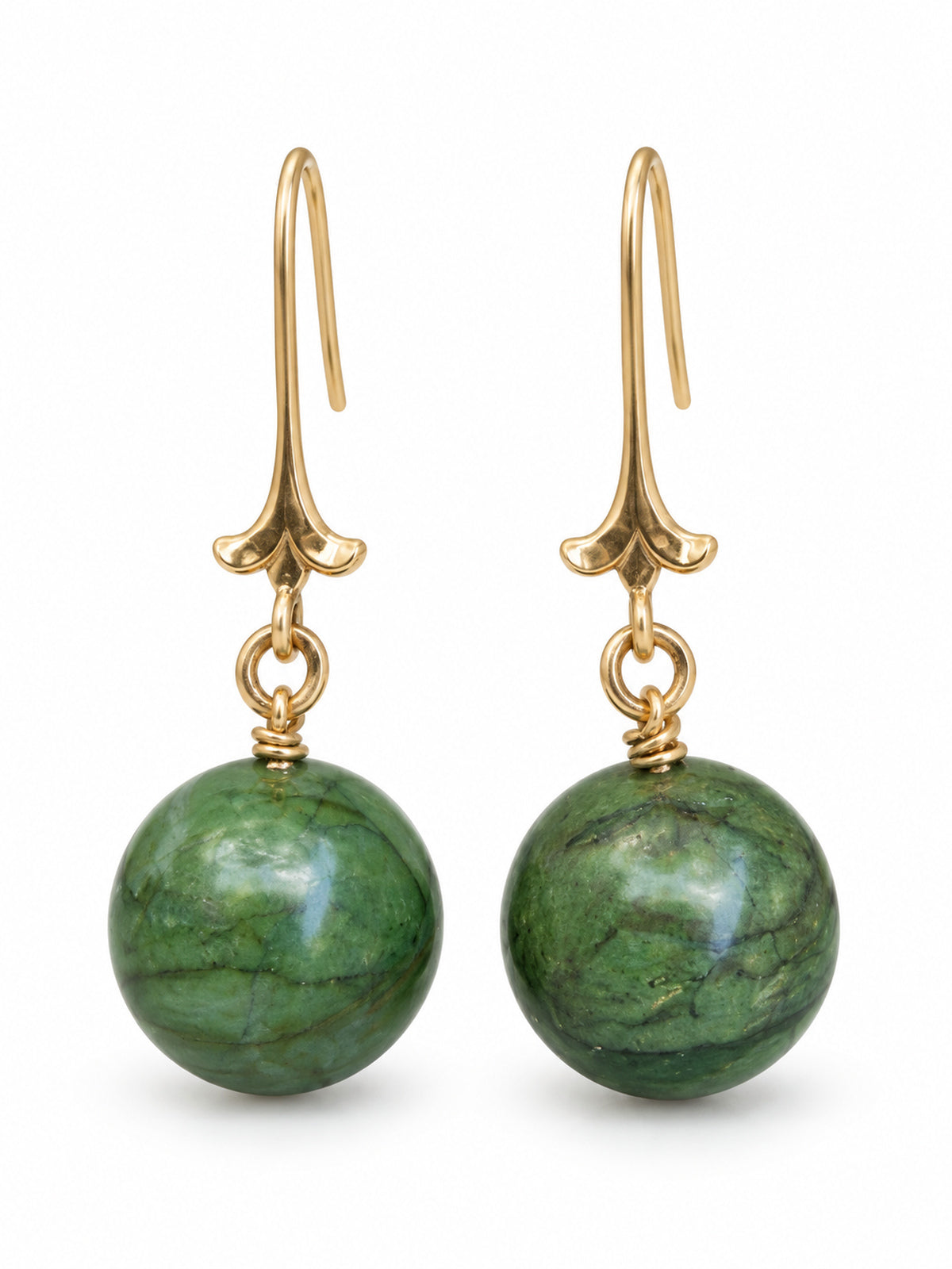 Green jasper drop earrings with sculptural gold-tone hooks on white