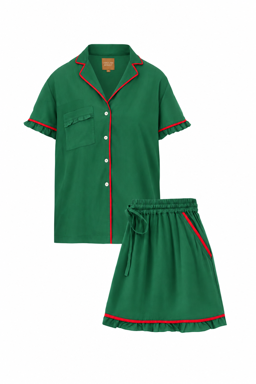 Carolina Benoit Green bamboo short pajama set with red piping and delicate ruffle trims