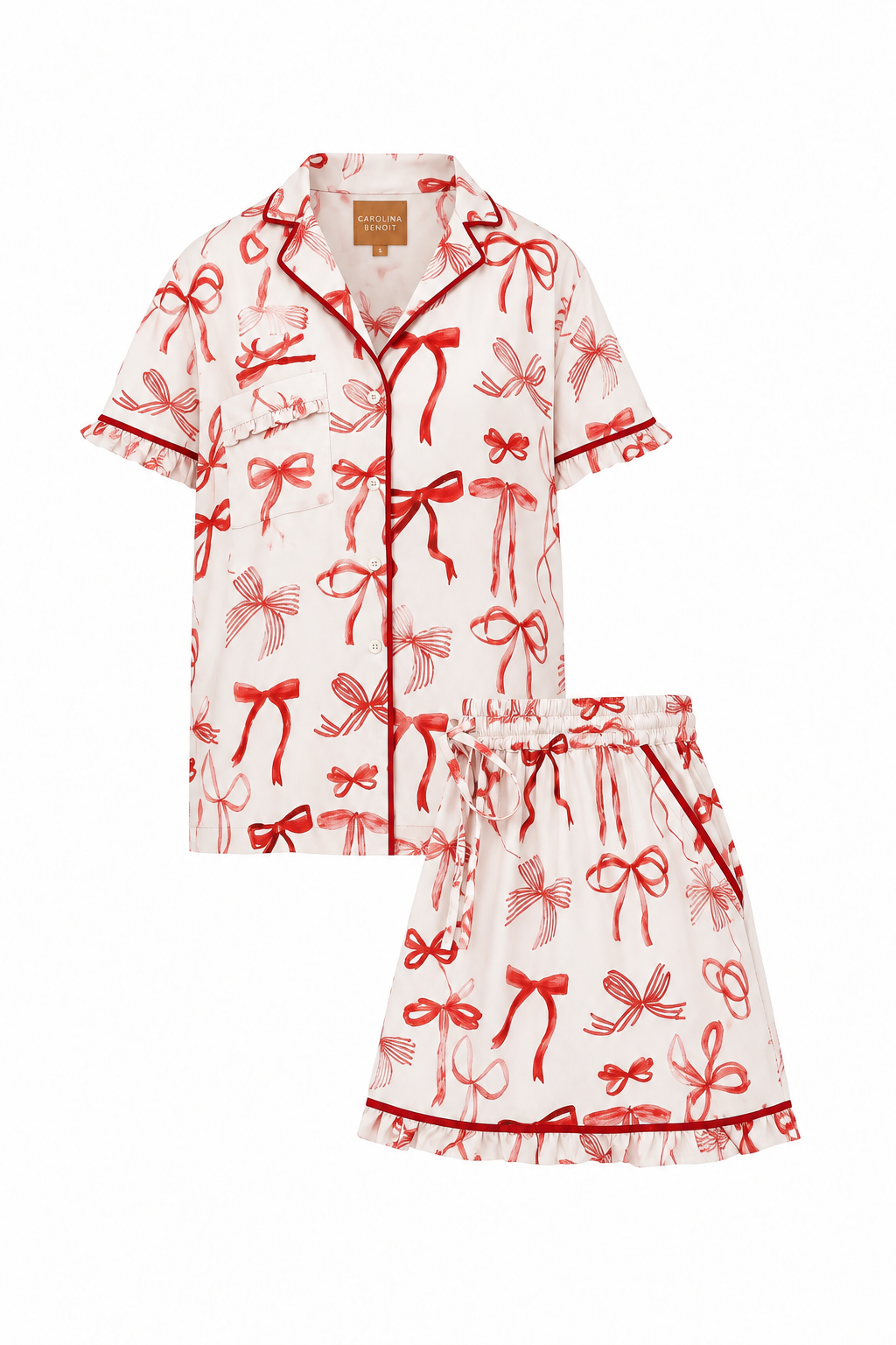 Carolina Benoit Ivory bamboo short pajama set with red bow print, red piping and delicate ruffle trims
