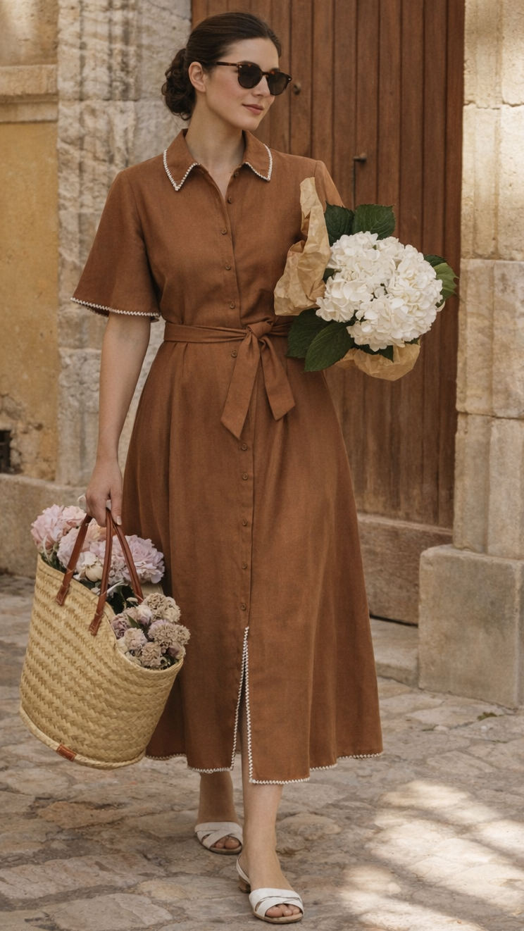 Woman in a brown dress holding flowers and a basket in an outdoor setting.