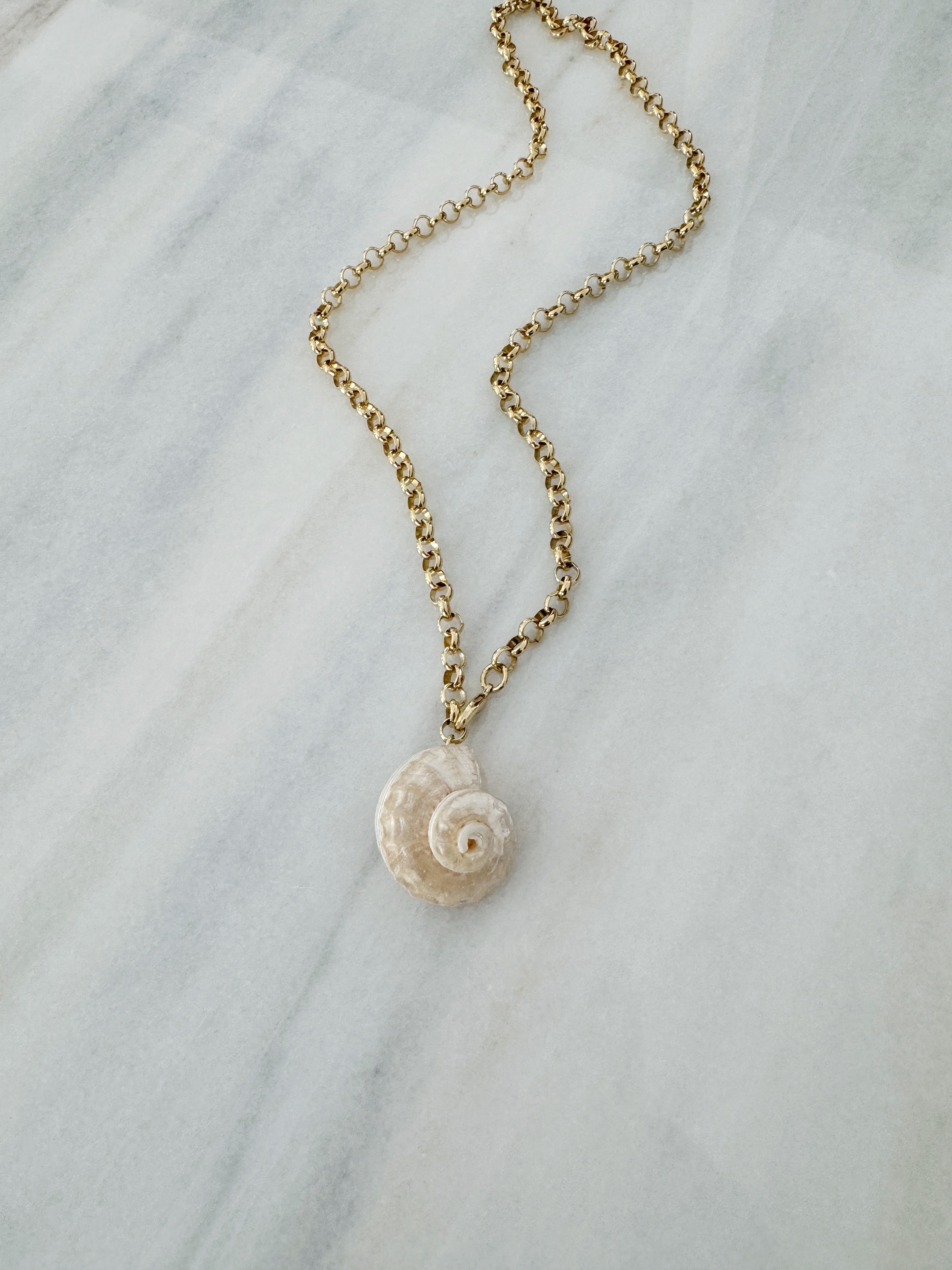 Chunky gold chain necklace with dangling natural seashells, photographed flat on linen with soft shadows.